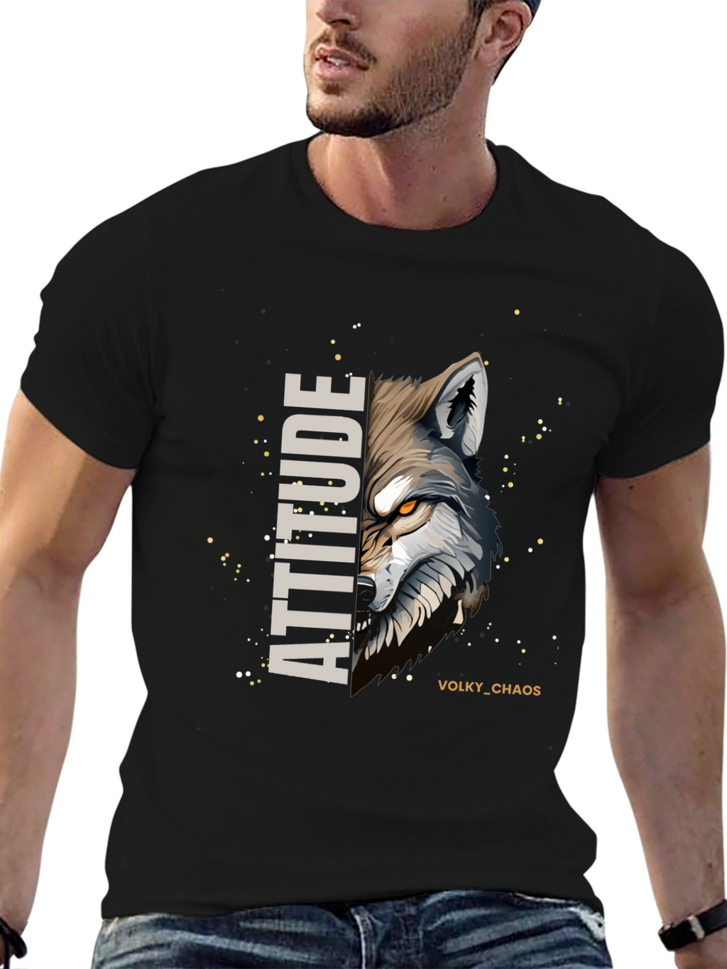 Attitude Wolf Graphic Print Black T-Shirt