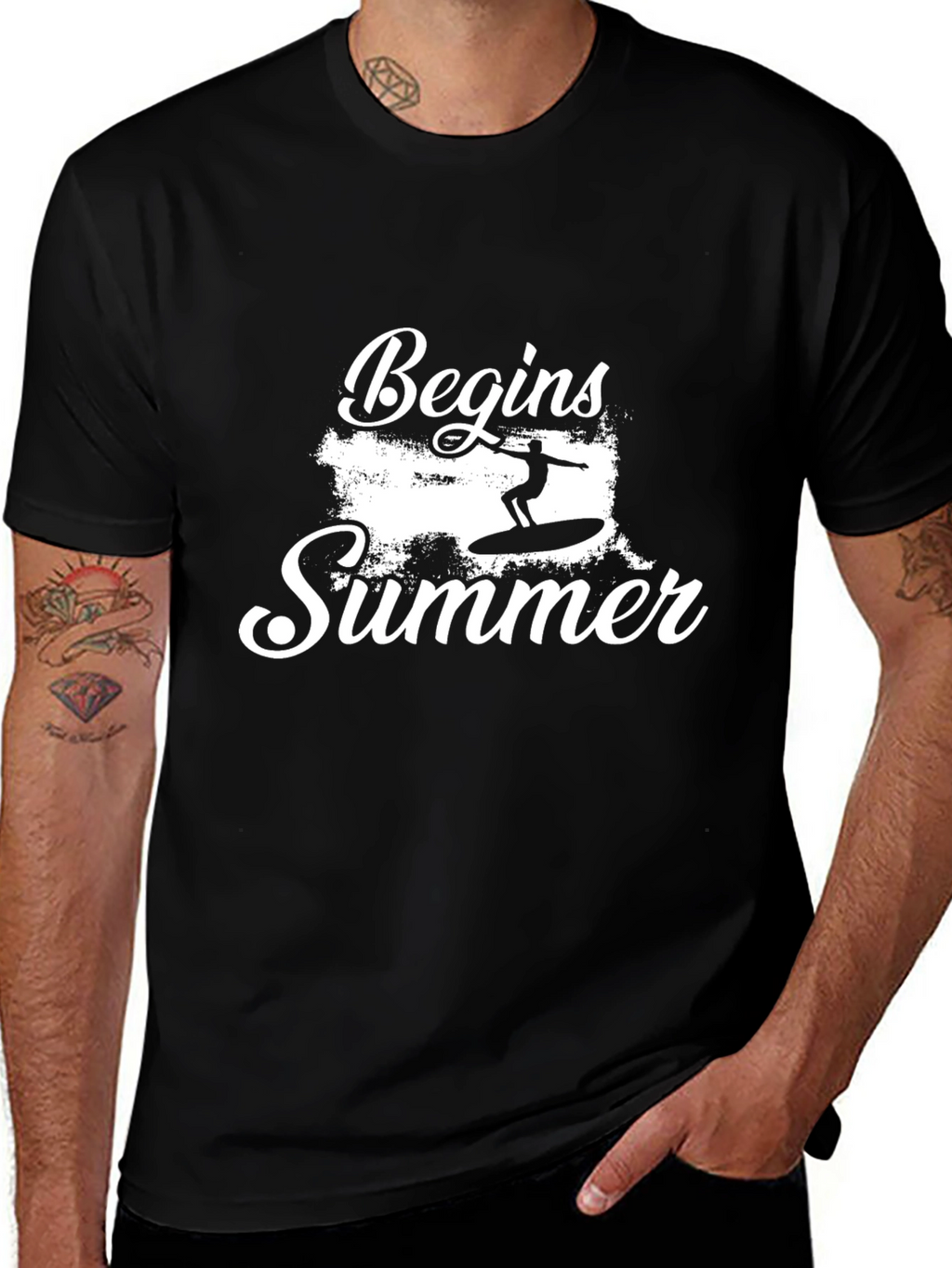 Summer Begins Surfing Graphic Tee - Black Cotton T-Shirt