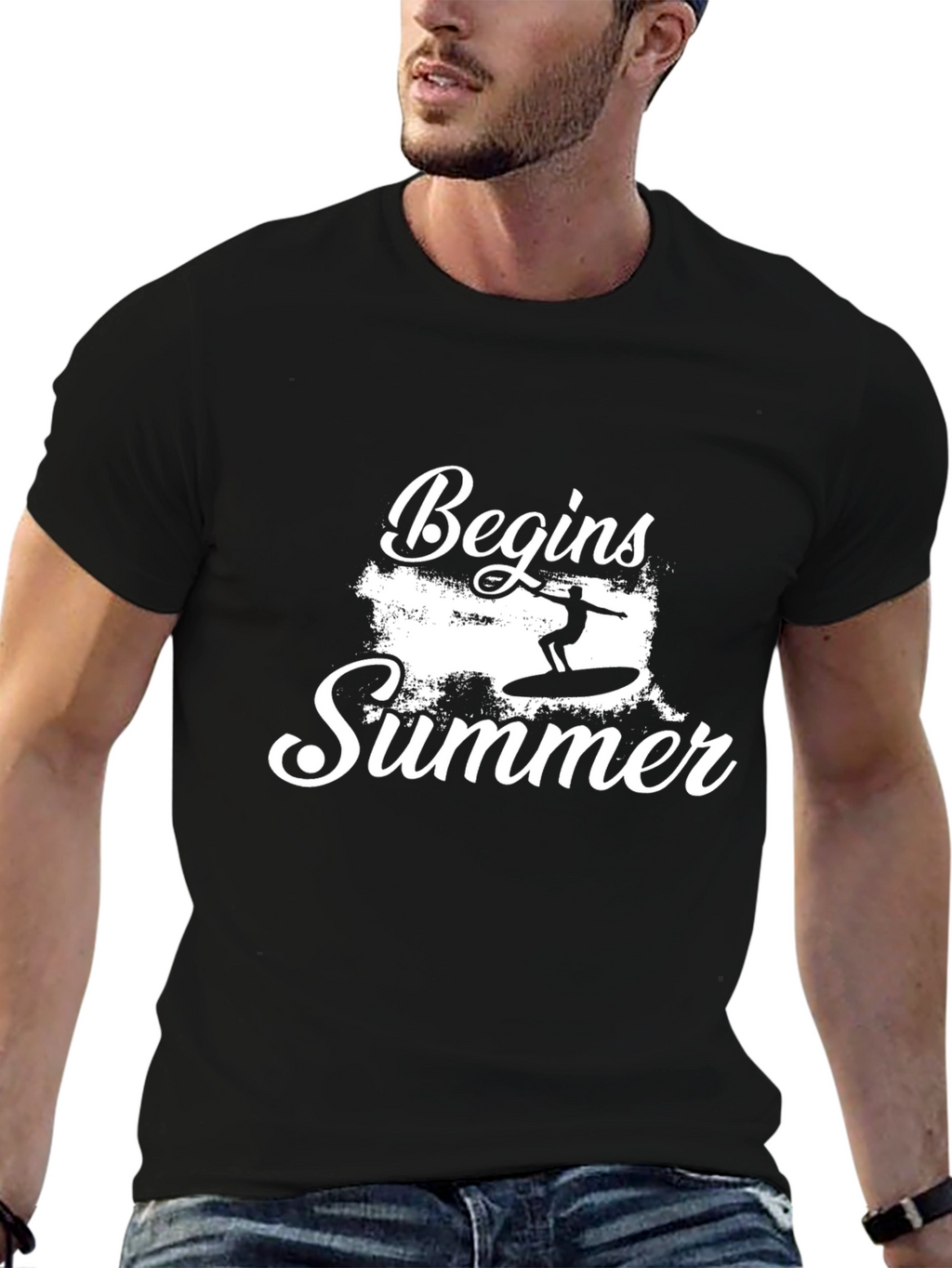 Summer Begins Surfing Graphic Tee - Black Cotton T-Shirt