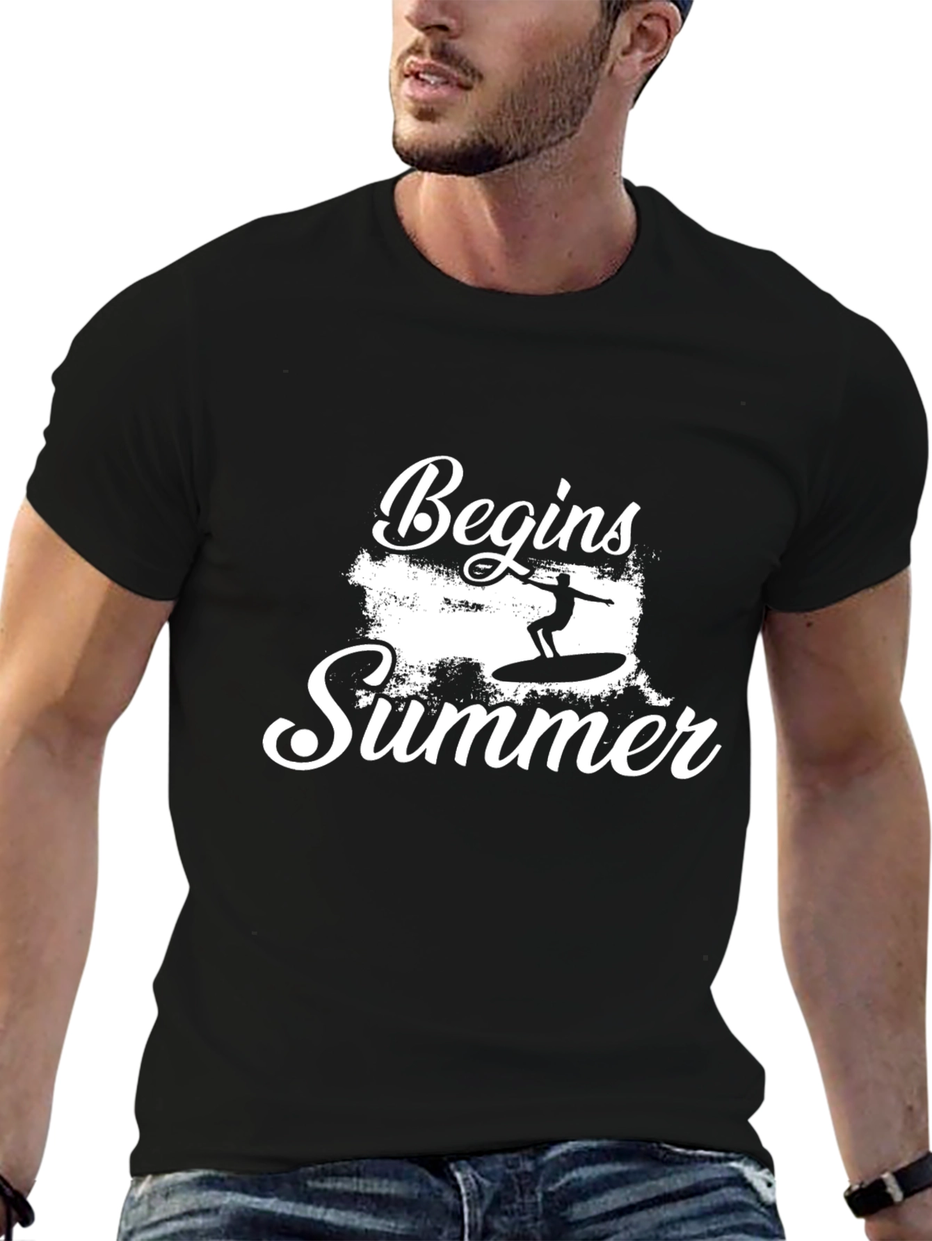 Summer Begins Surfing Graphic Tee - Black Cotton T-Shirt