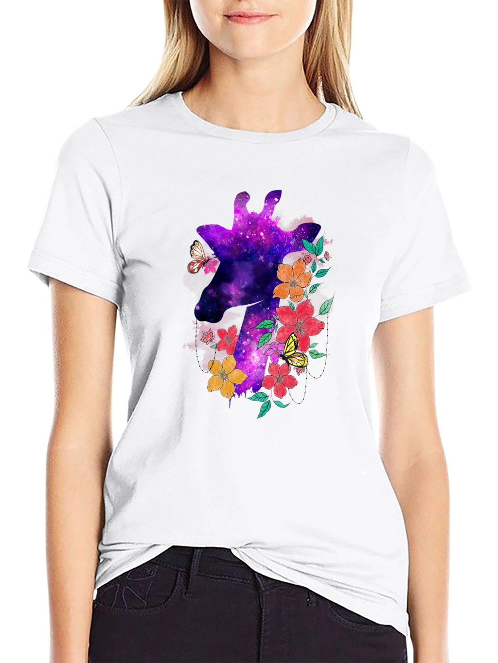 Galaxy Giraffe Floral T-Shirt - Unique Space Design