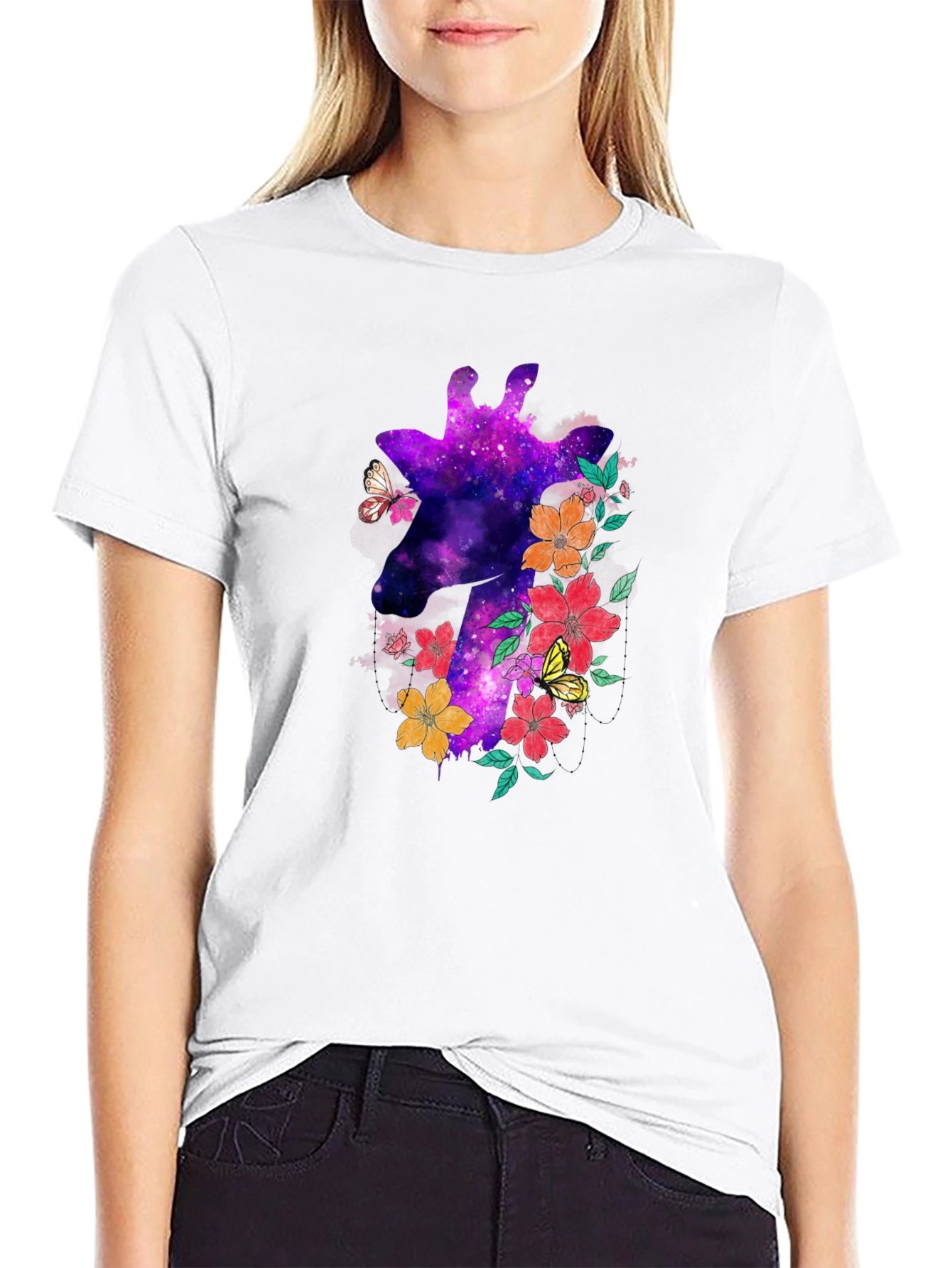 Galaxy Giraffe Floral T-Shirt - Unique Space Design