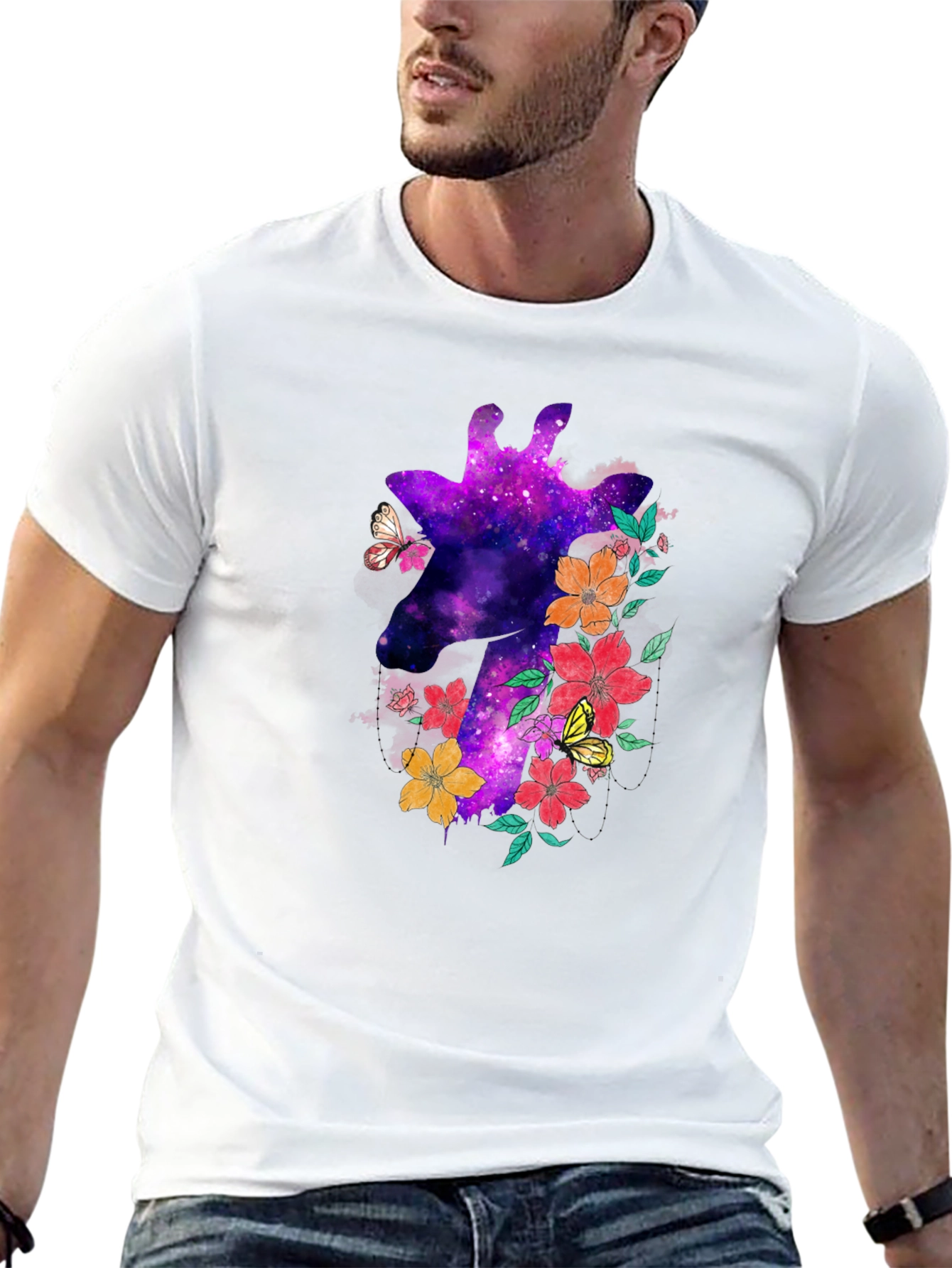Galaxy Giraffe Floral T-Shirt - Unique Space Design