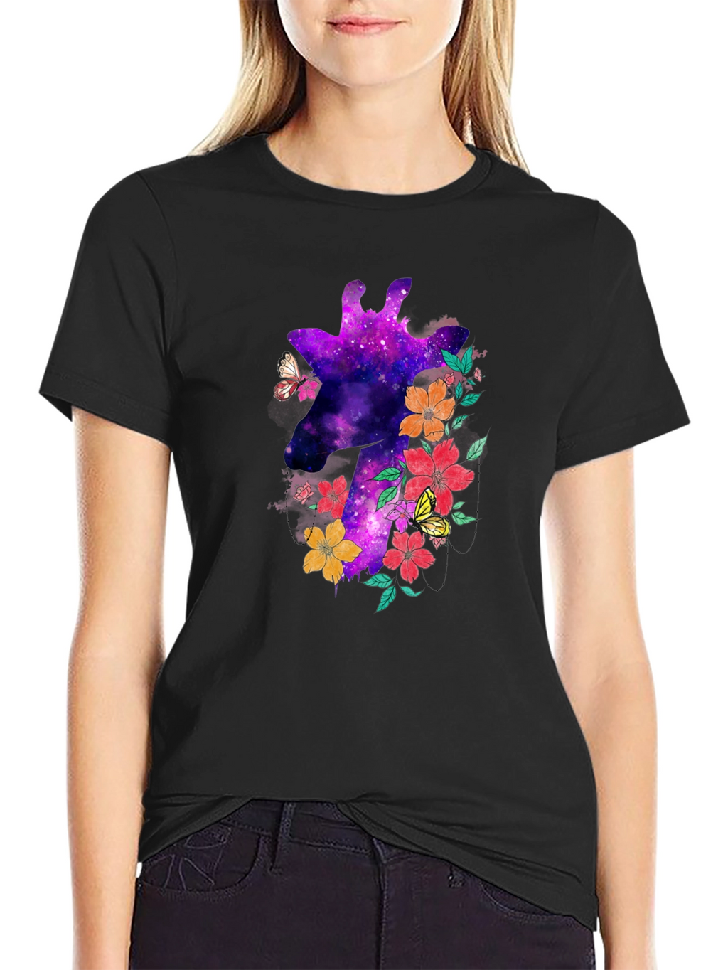 Galaxy Giraffe Floral T-Shirt - Unique Space Design