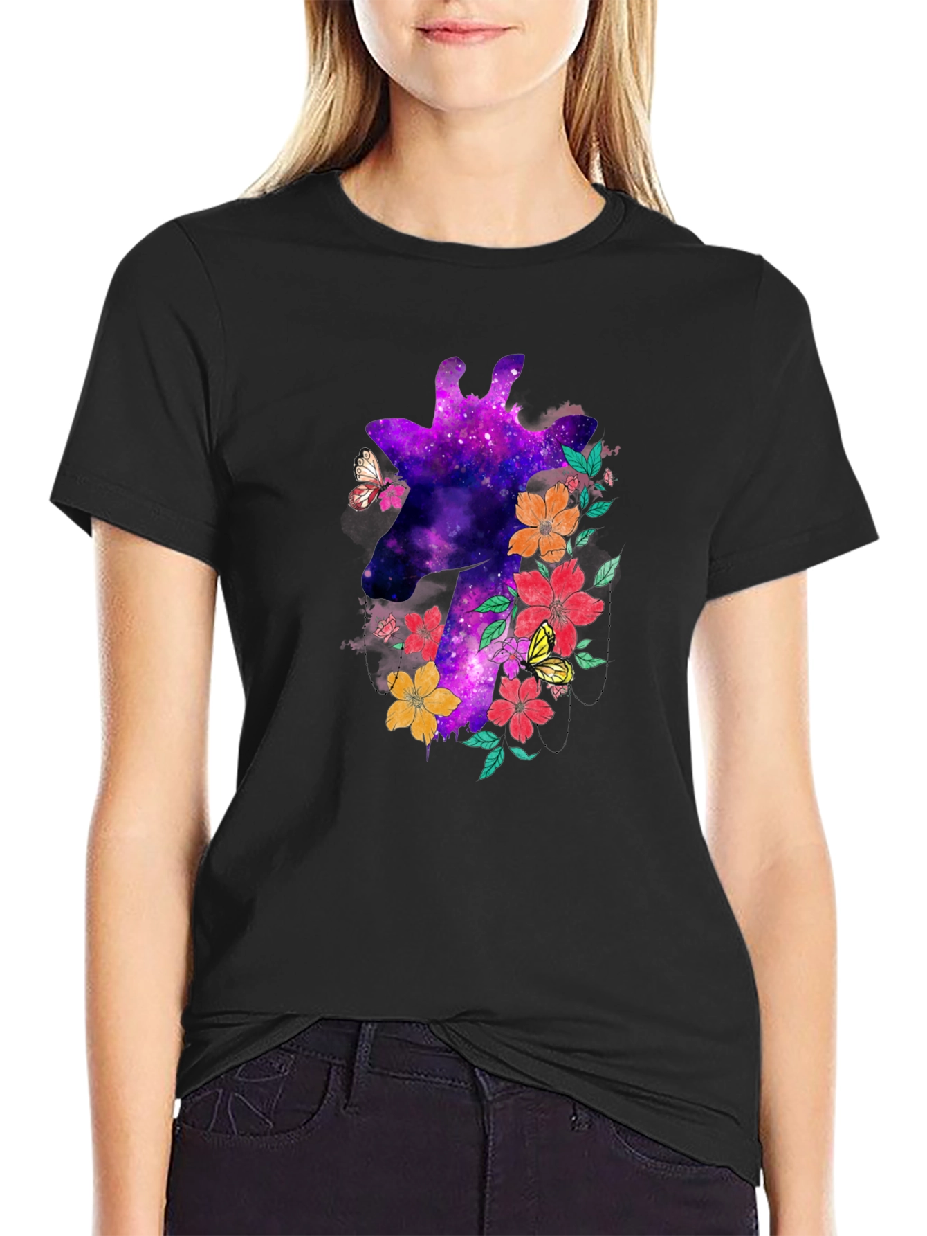 Galaxy Giraffe Floral T-Shirt - Unique Space Design