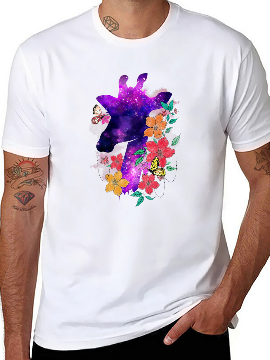 Galaxy Giraffe Floral T-Shirt - Unique Space Design