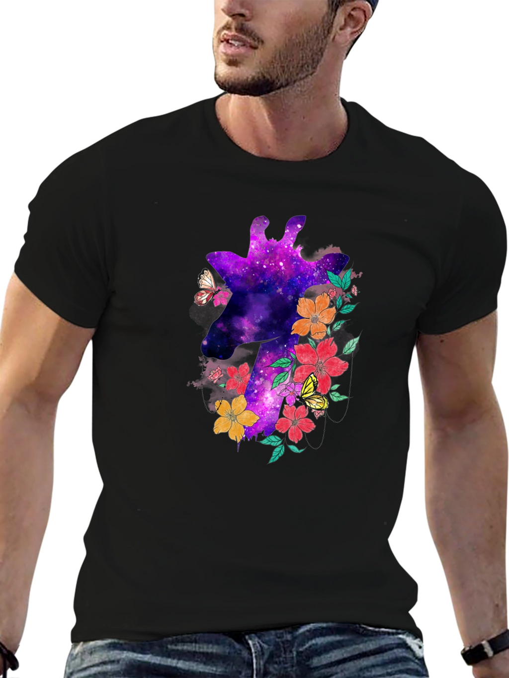 Galaxy Giraffe Floral T-Shirt - Unique Space Design
