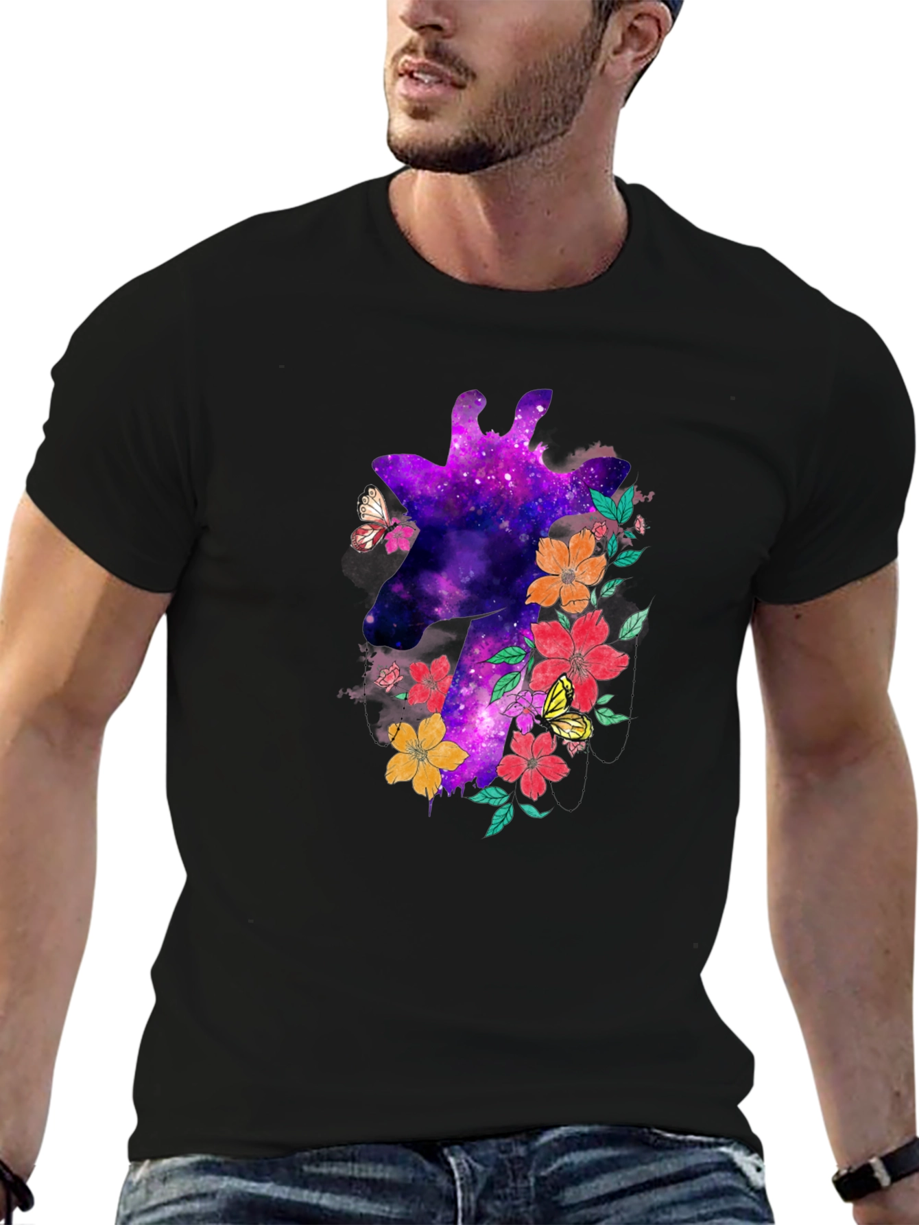 Galaxy Giraffe Floral T-Shirt - Unique Space Design