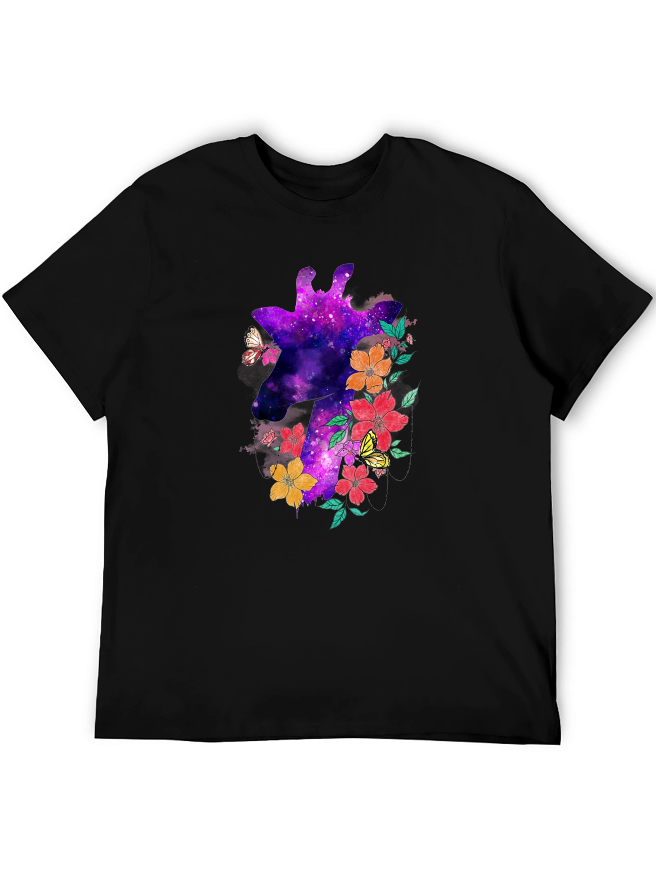 Galaxy Giraffe Floral T-Shirt - Unique Space Design