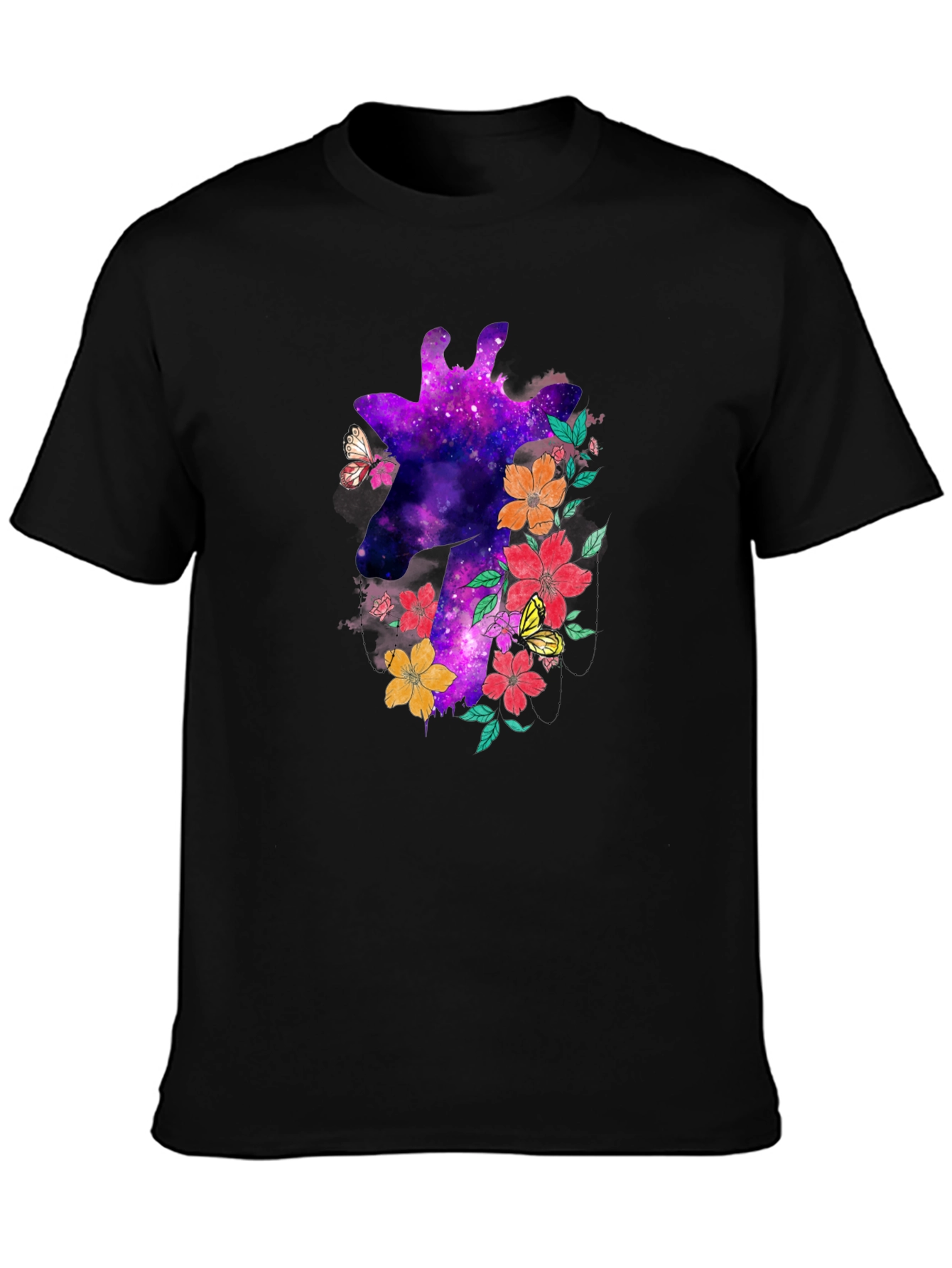 Galaxy Giraffe Floral T-Shirt - Unique Space Design