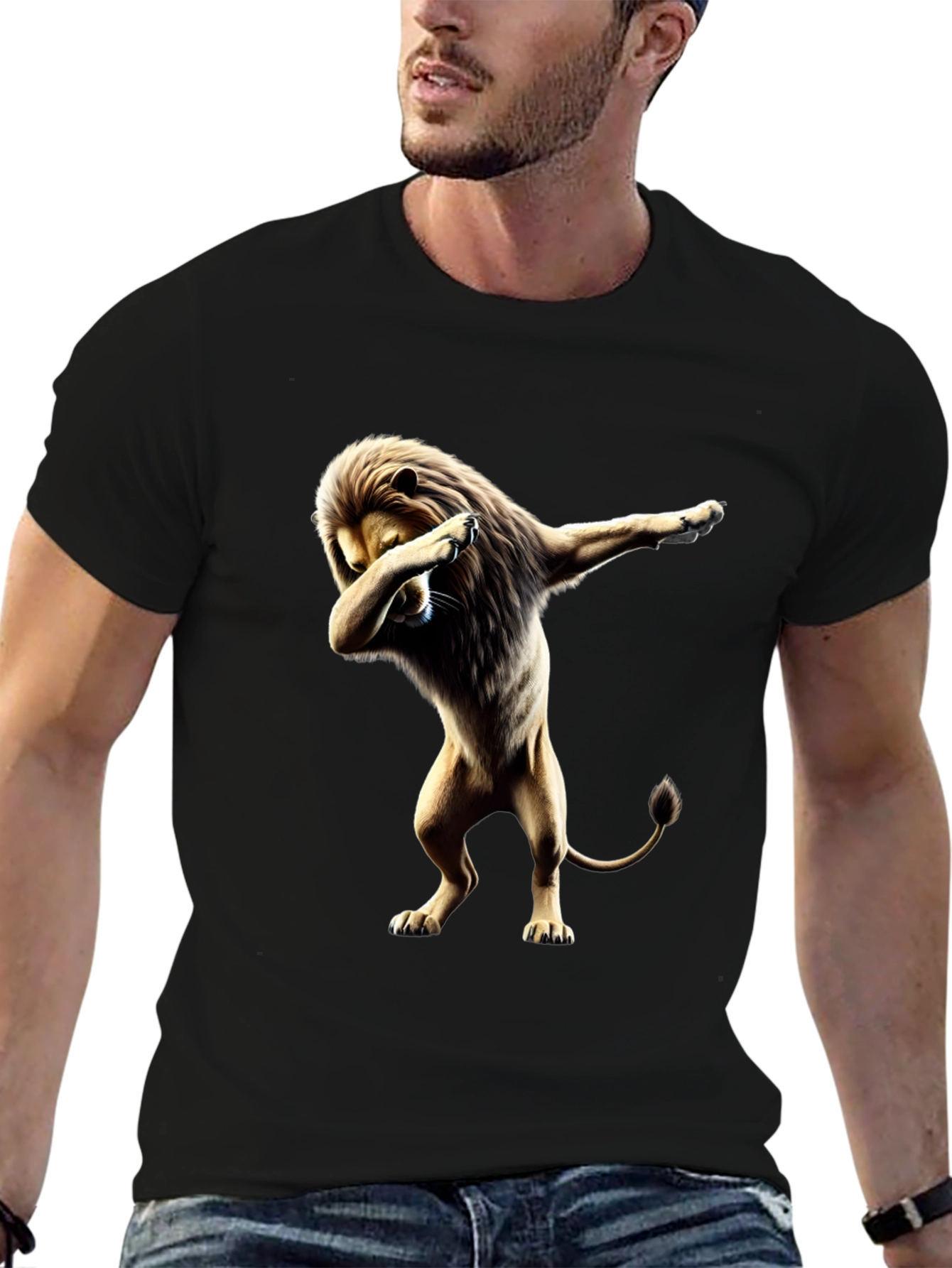 Lion Dabbing Graphic Tee - Black Cotton T-Shirt