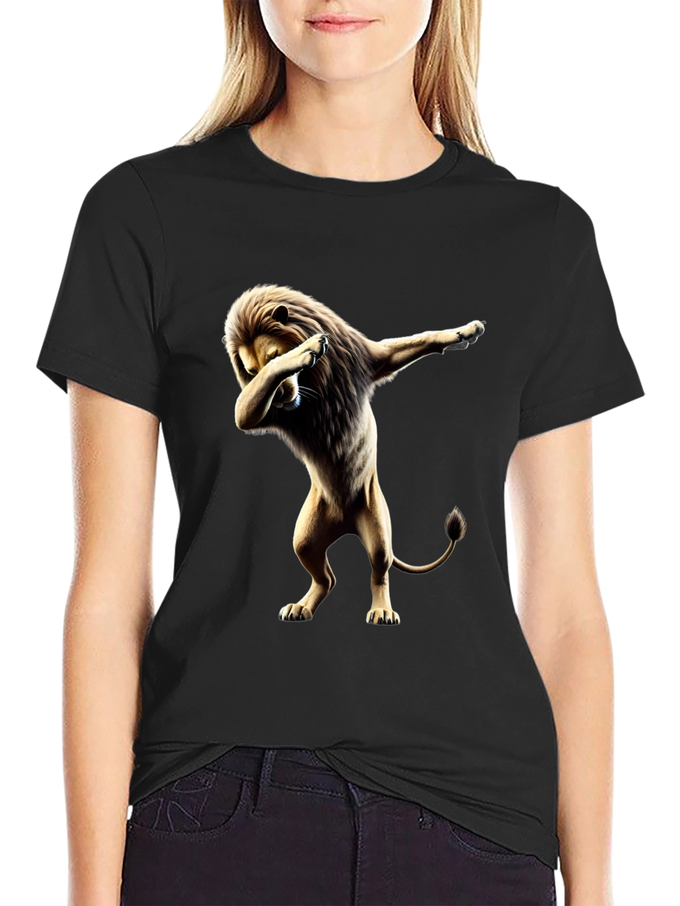 Lion Dabbing Graphic Tee - Black Cotton T-Shirt
