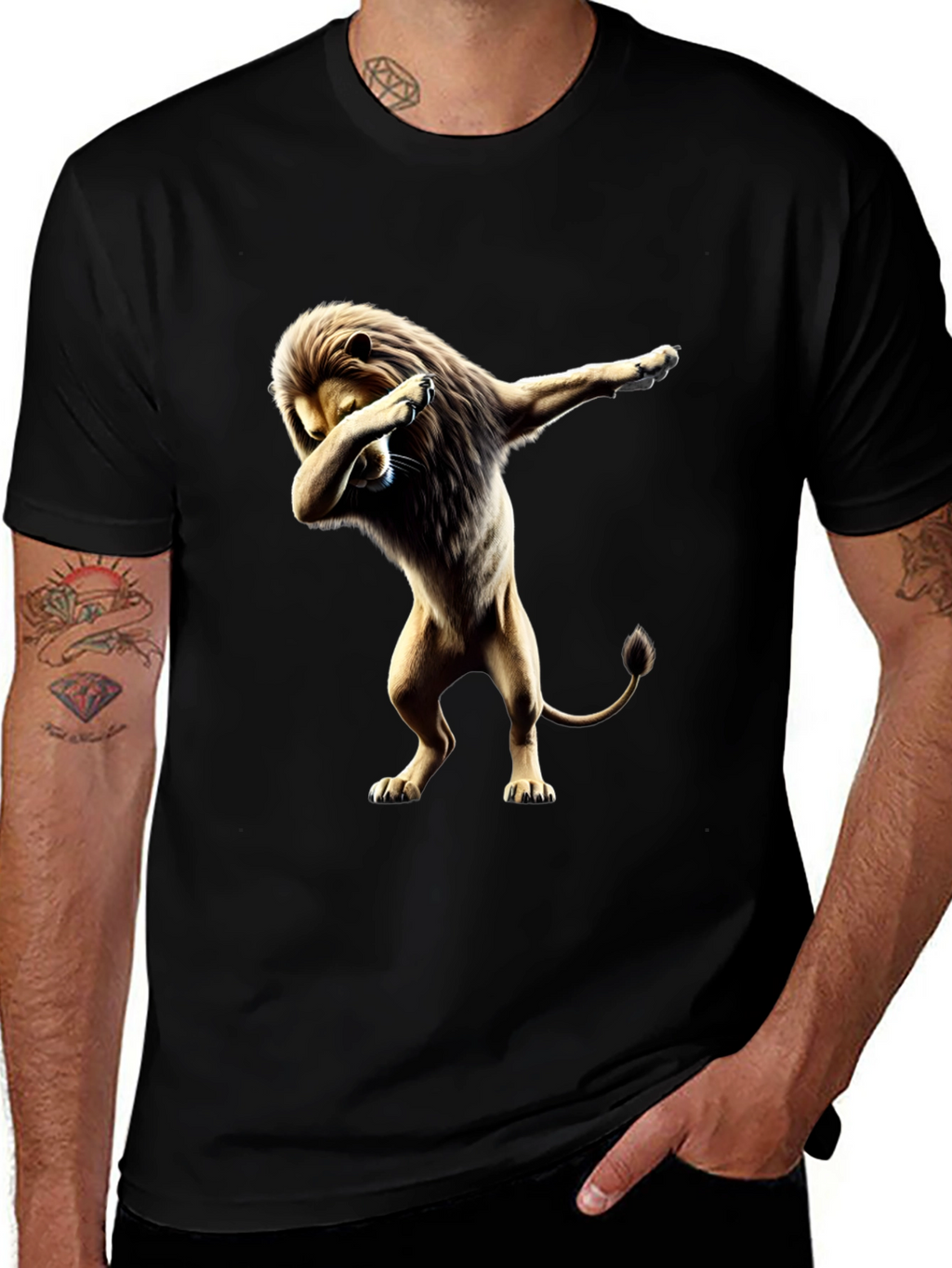 Lion Dabbing Graphic Tee - Black Cotton T-Shirt