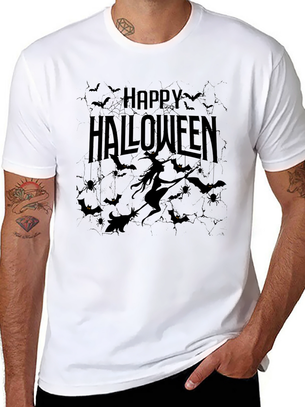 Happy Halloween Black T-Shirt - Witch & Bats