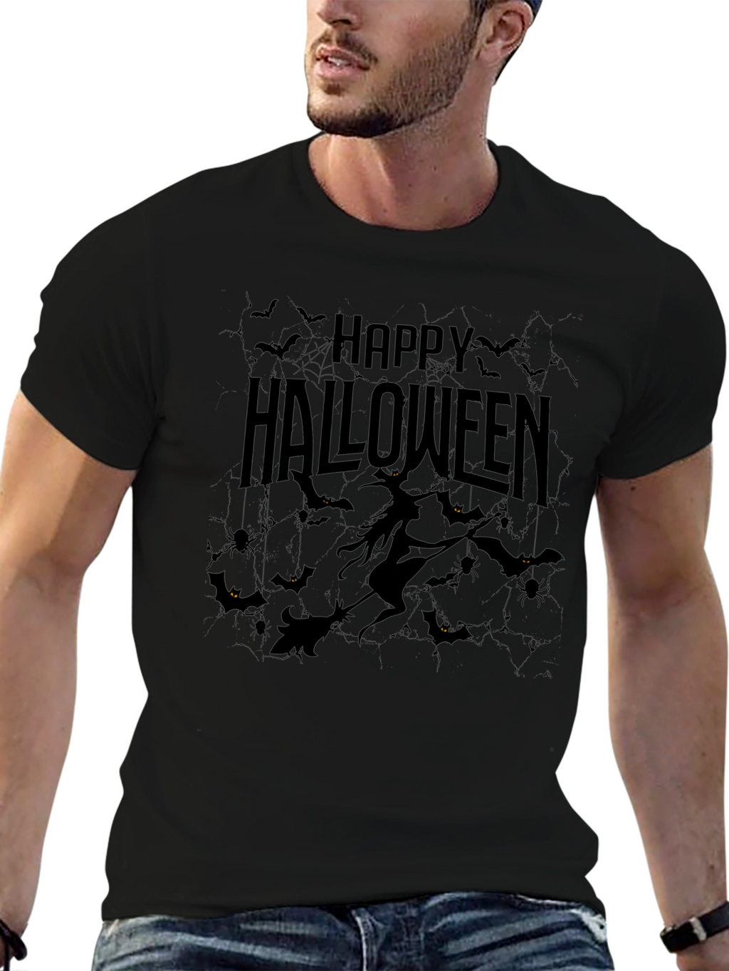 Happy Halloween Black T-Shirt - Witch & Bats