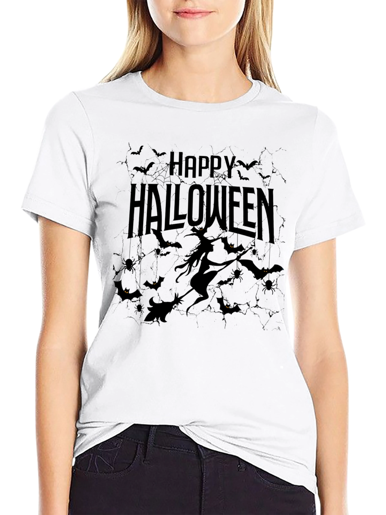 Happy Halloween Black T-Shirt - Witch & Bats