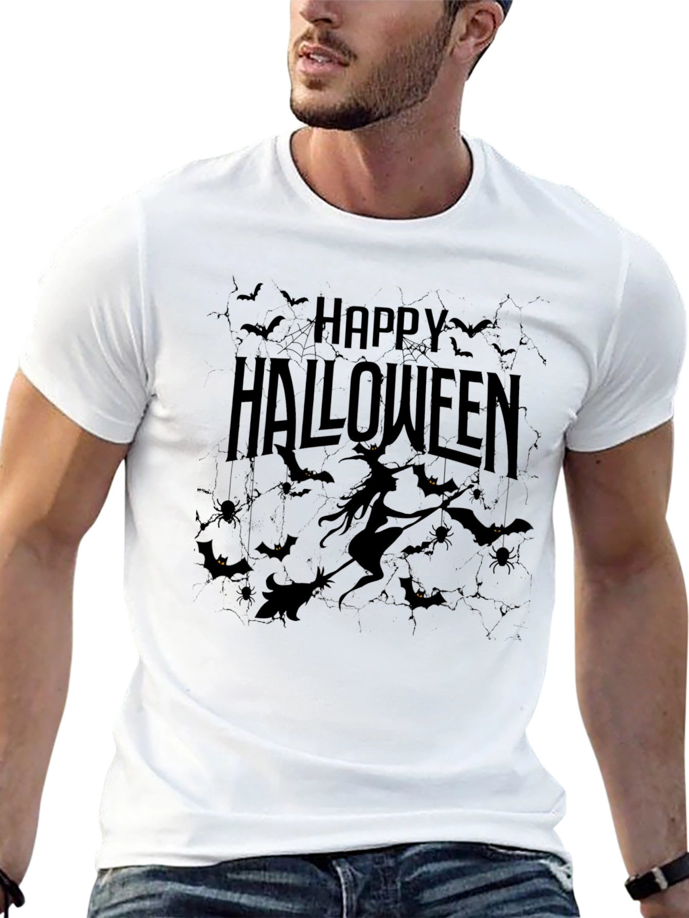 Happy Halloween Black T-Shirt - Witch & Bats