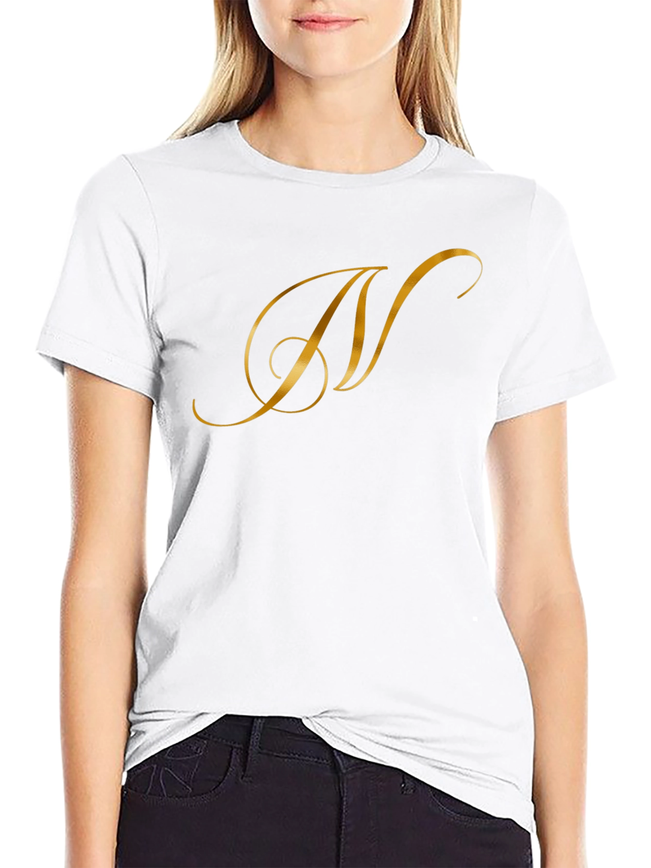 Elegant Gold Letter T-Shirt - Stylish Black Tee