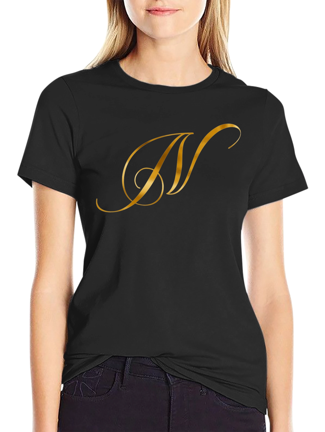 Elegant Gold Letter T-Shirt - Stylish Black Tee