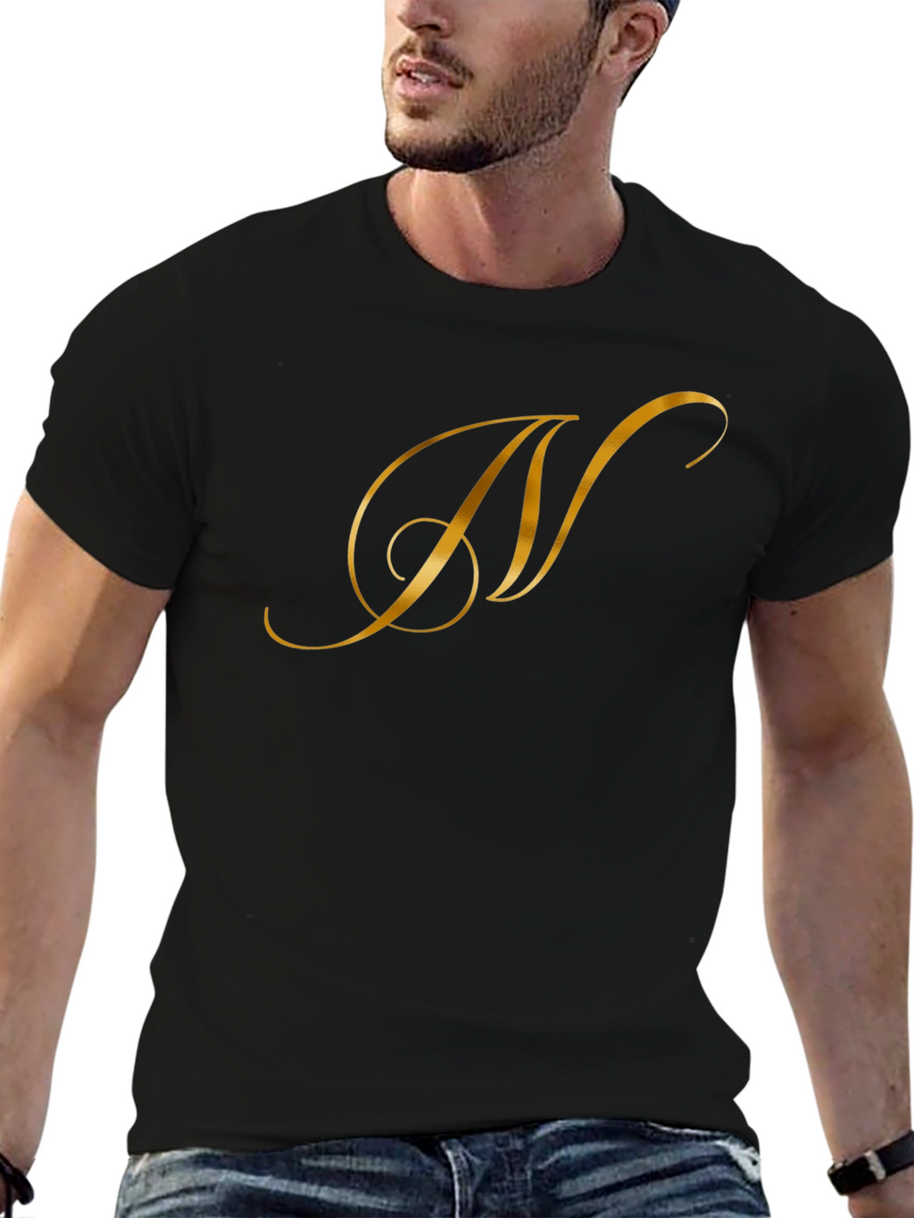 Elegant Gold Letter T-Shirt - Stylish Black Tee