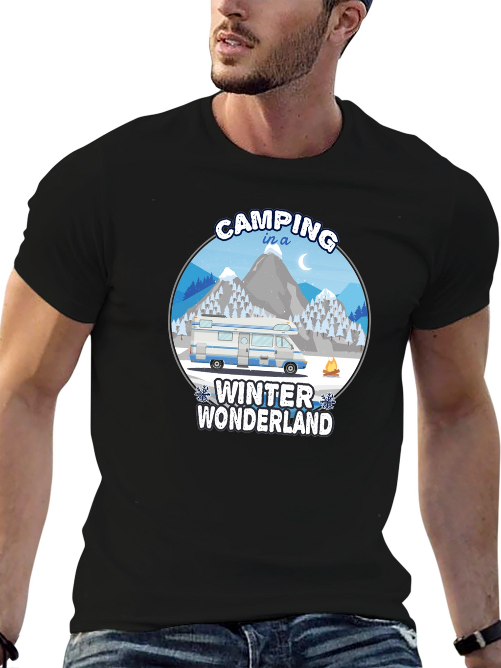 Camping Winter Wonderland Black T-Shirt