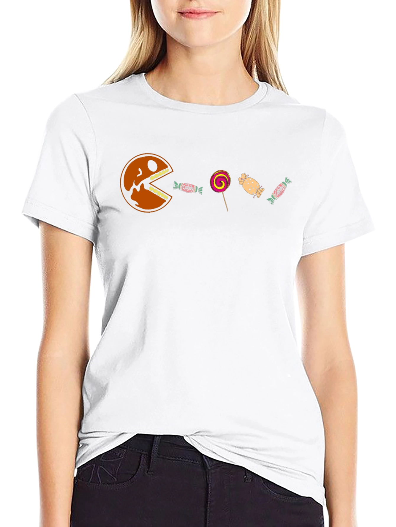 Funny Halloween Pumpkin Candy Graphic Tee - Black Cotton Blend