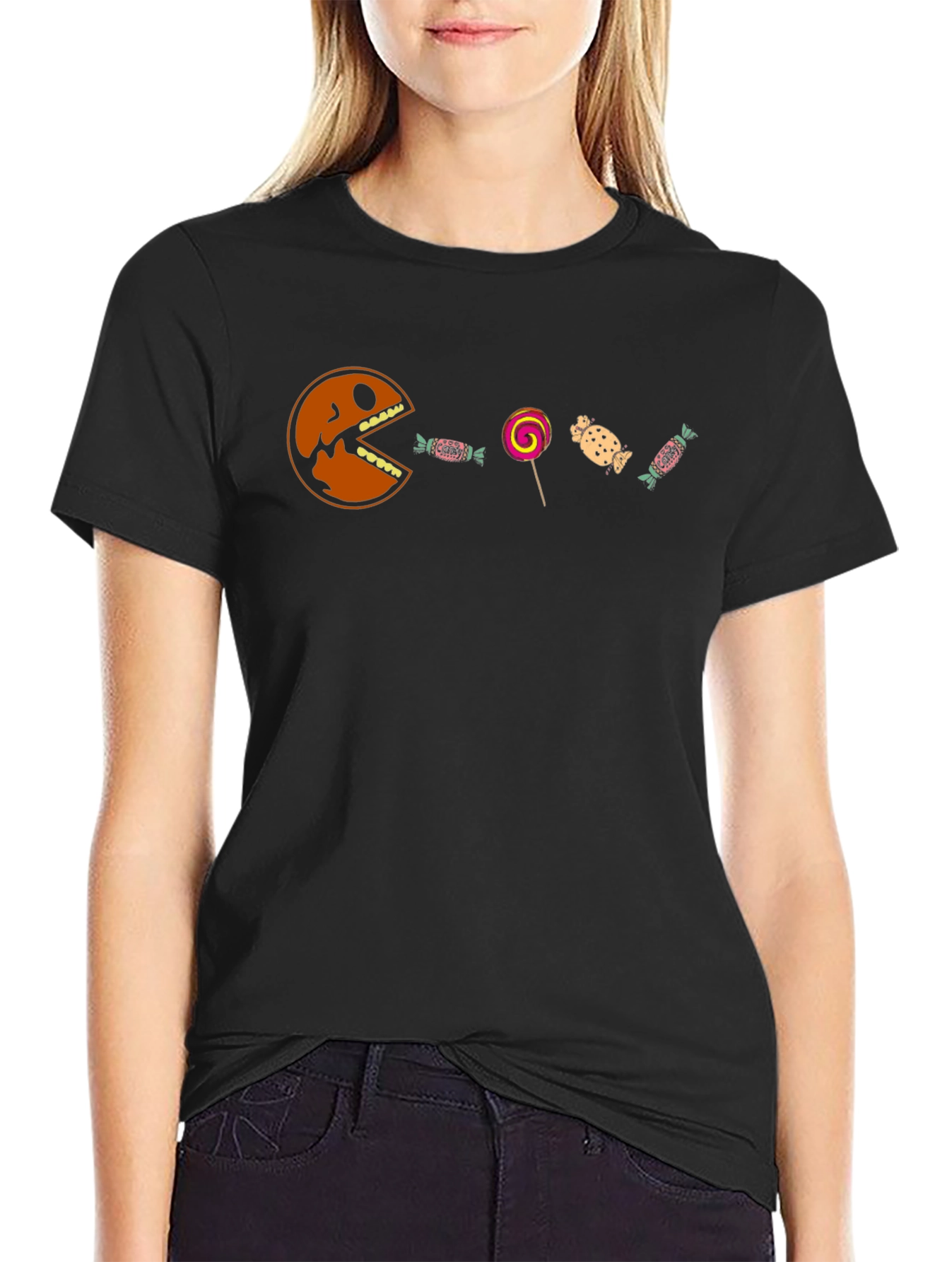 Funny Halloween Pumpkin Candy Graphic Tee - Black Cotton Blend