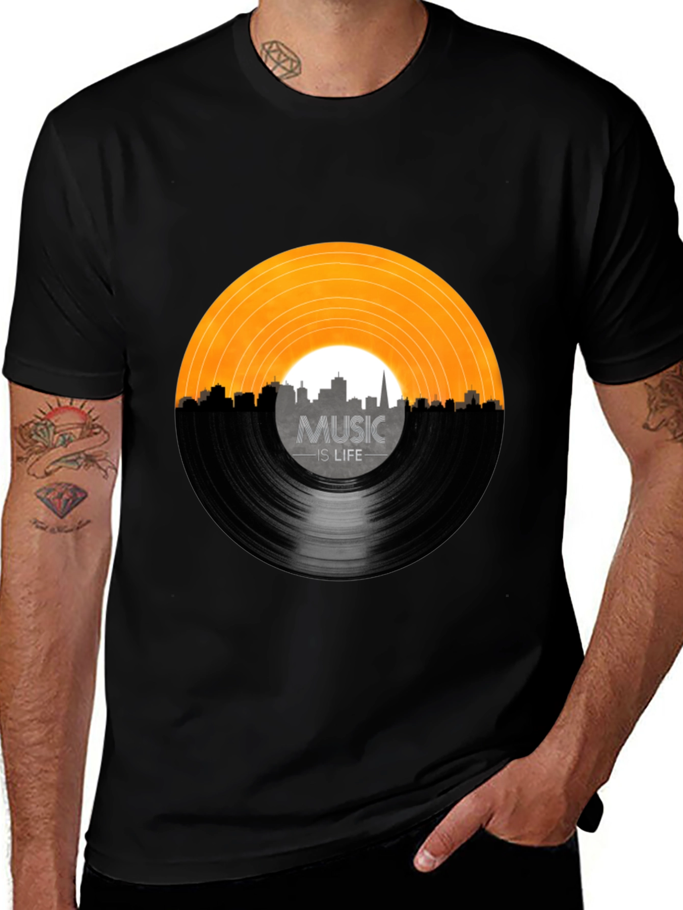 Music is Life Vinyl Record Black T-Shirt