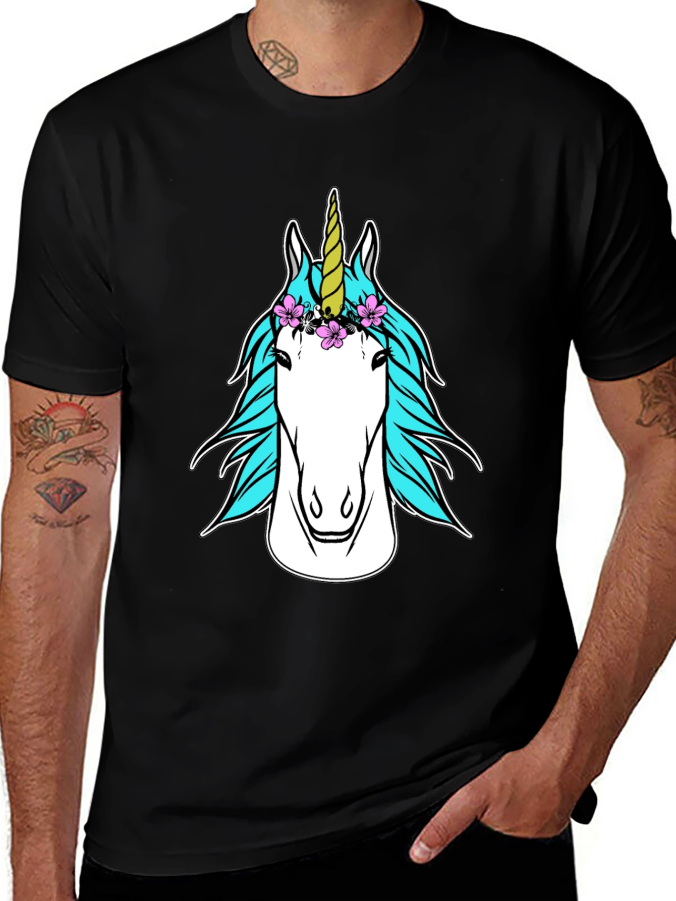 Unicorn Head Graphic Tee - Black Casual T-Shirt