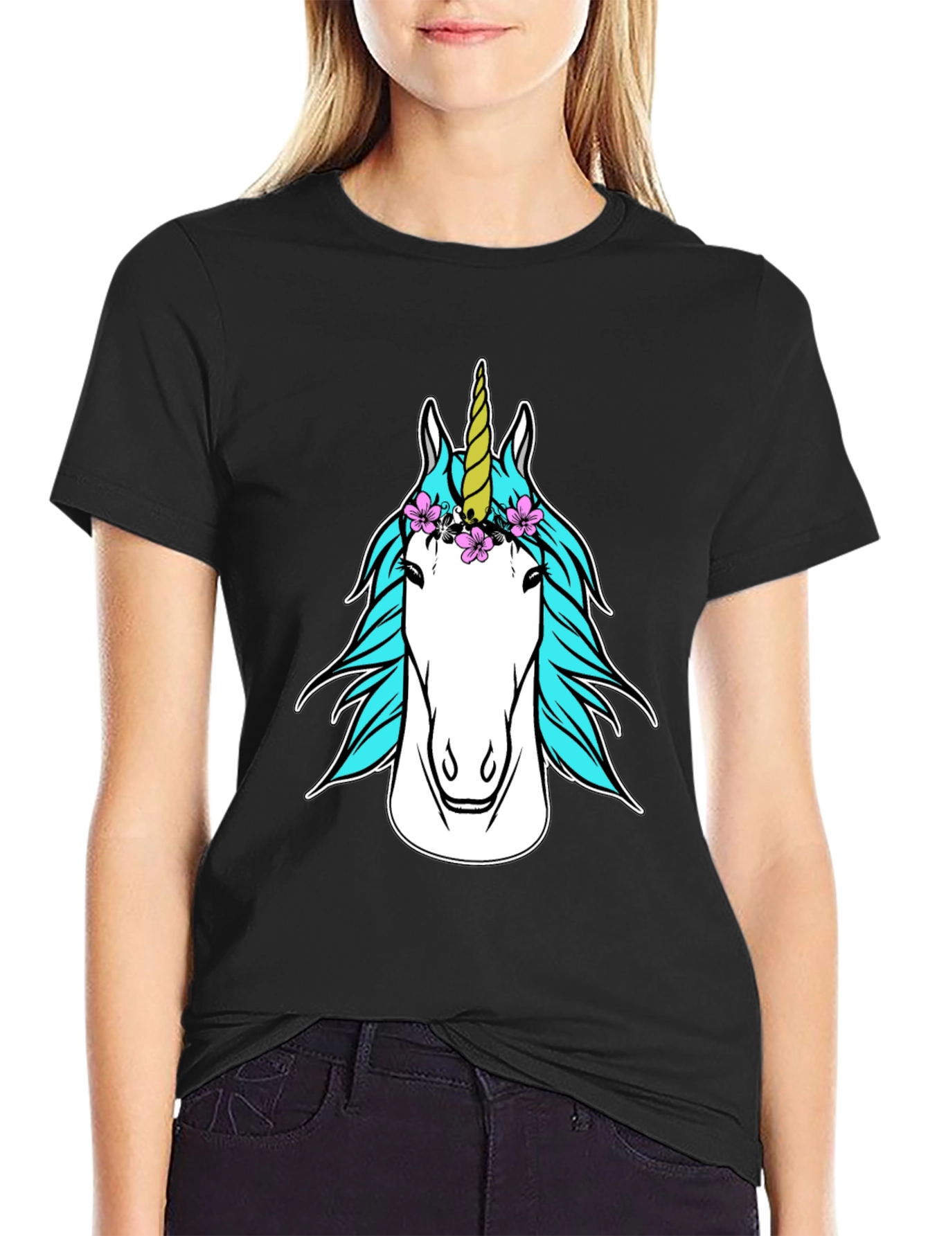 Unicorn Head Graphic Tee - Black Casual T-Shirt
