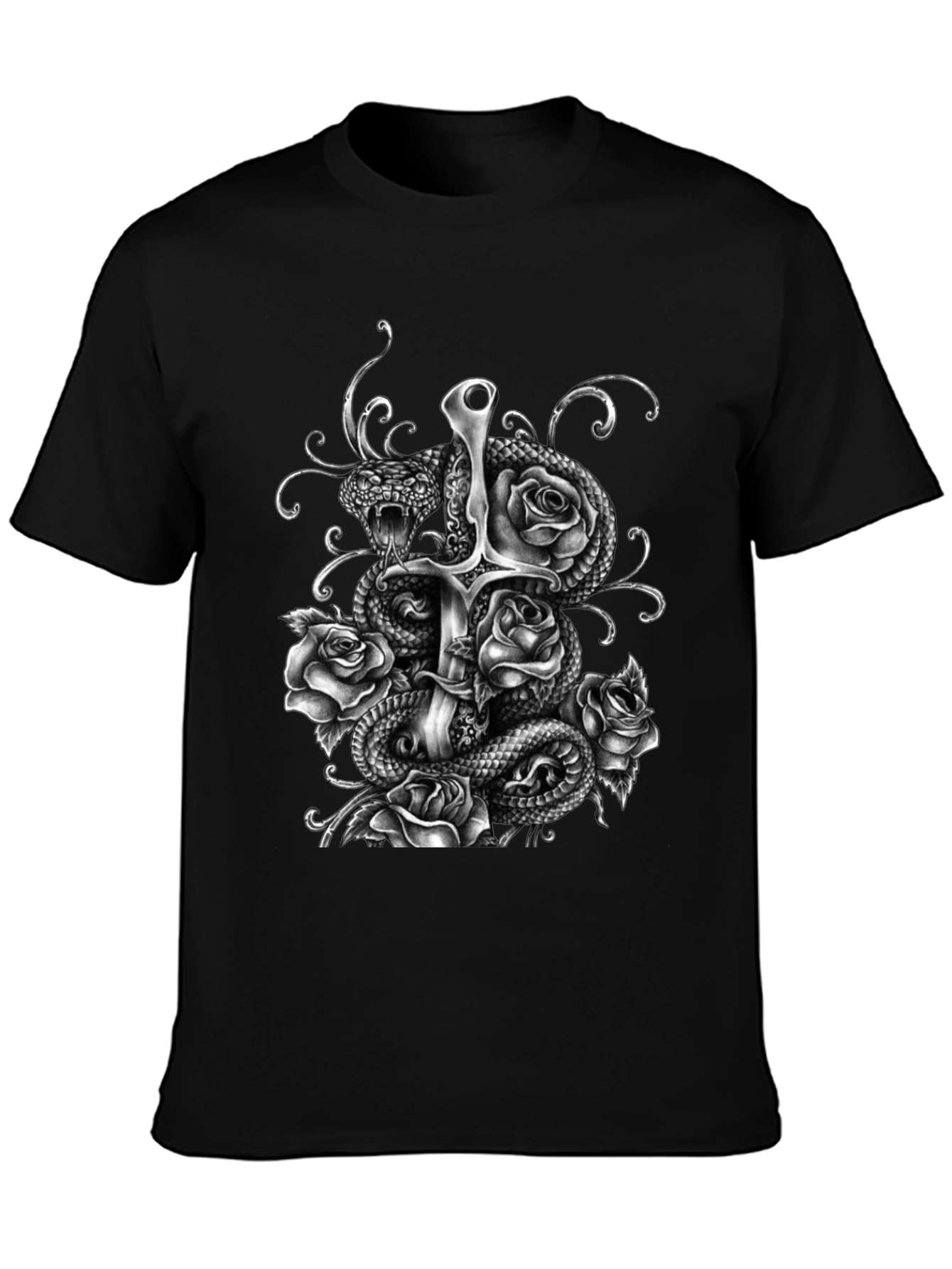 Gothic Snake Sword & Roses Graphic Tee - Black