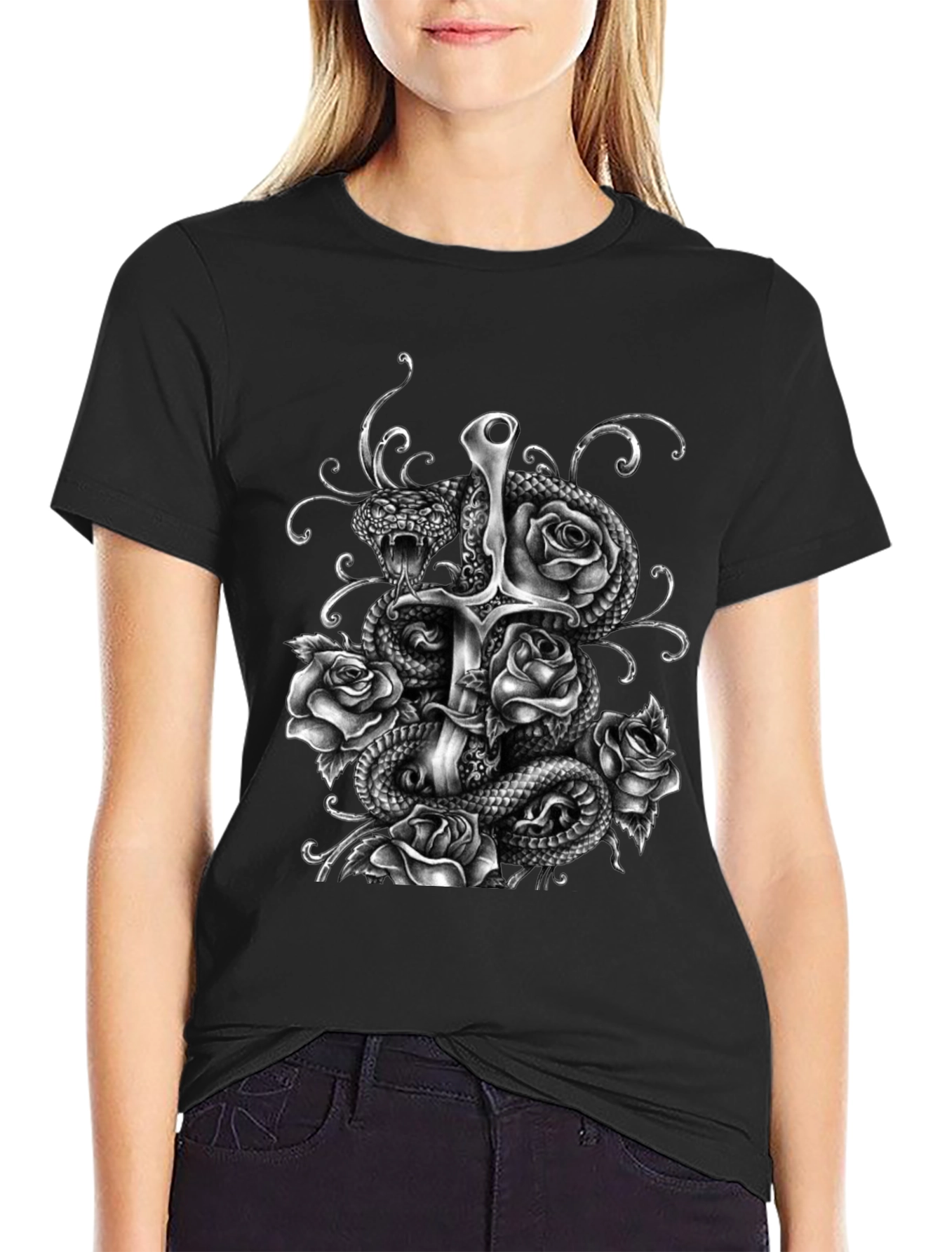 Gothic Snake Sword & Roses Graphic Tee - Black