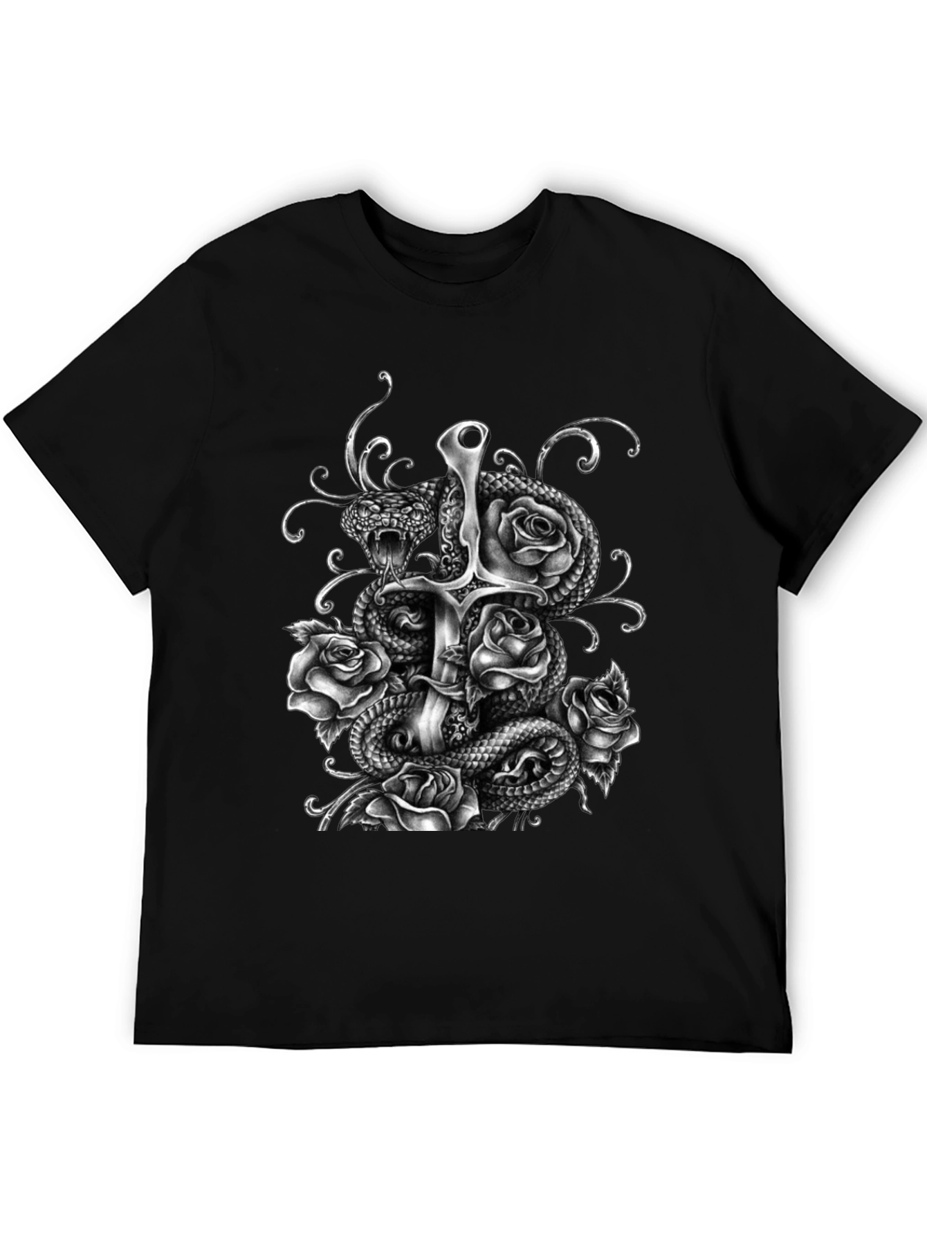 Gothic Snake Sword & Roses Graphic Tee - Black
