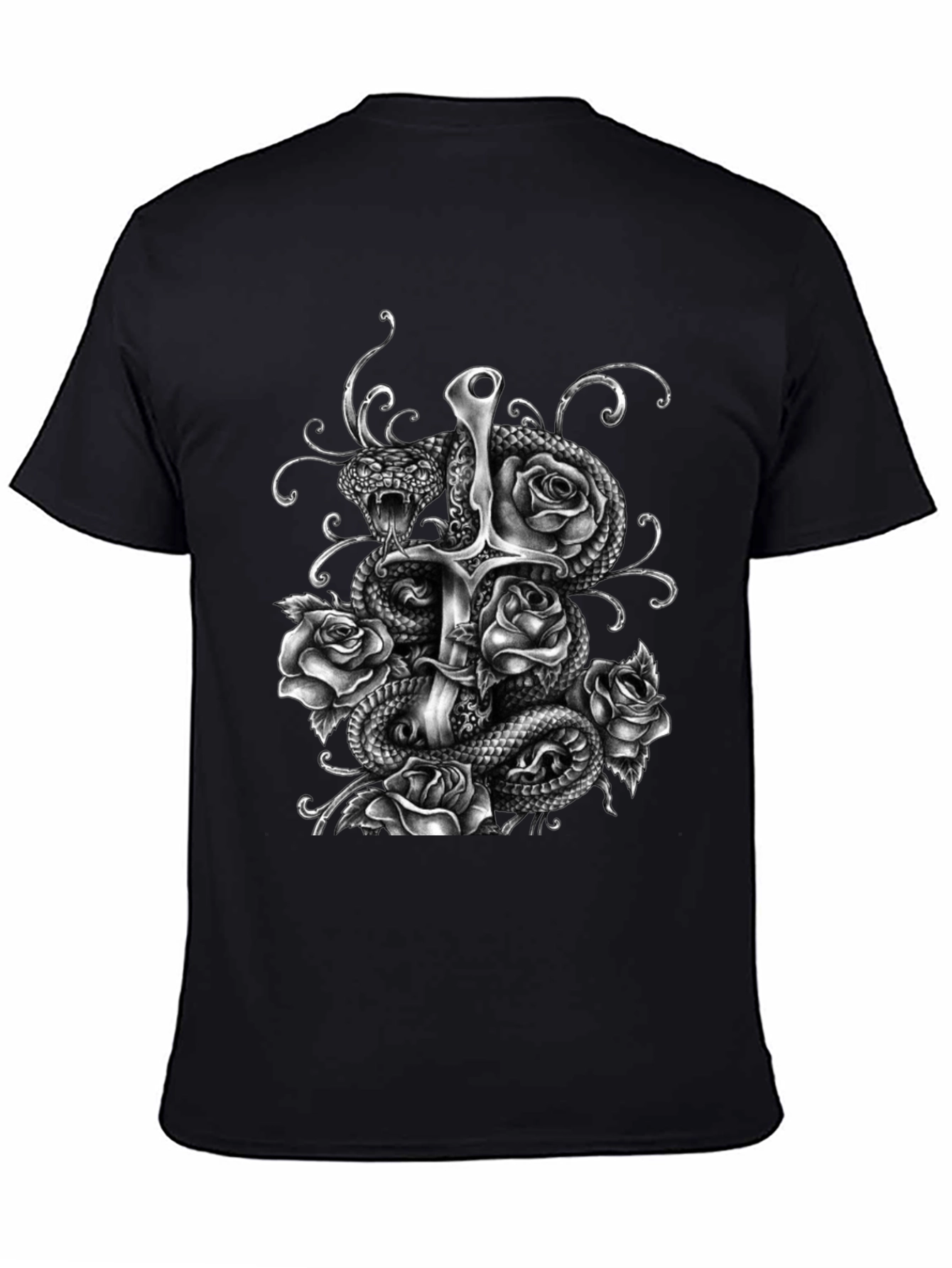 Gothic Snake Sword & Roses Graphic Tee - Black