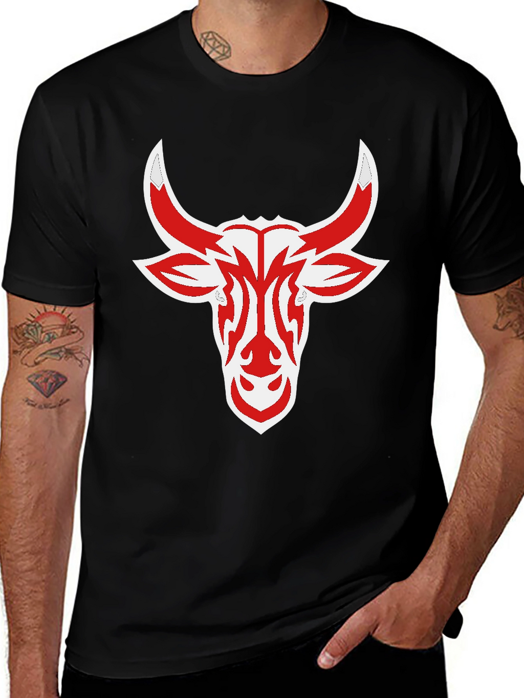 Black Tee with Red Bull Head Design
