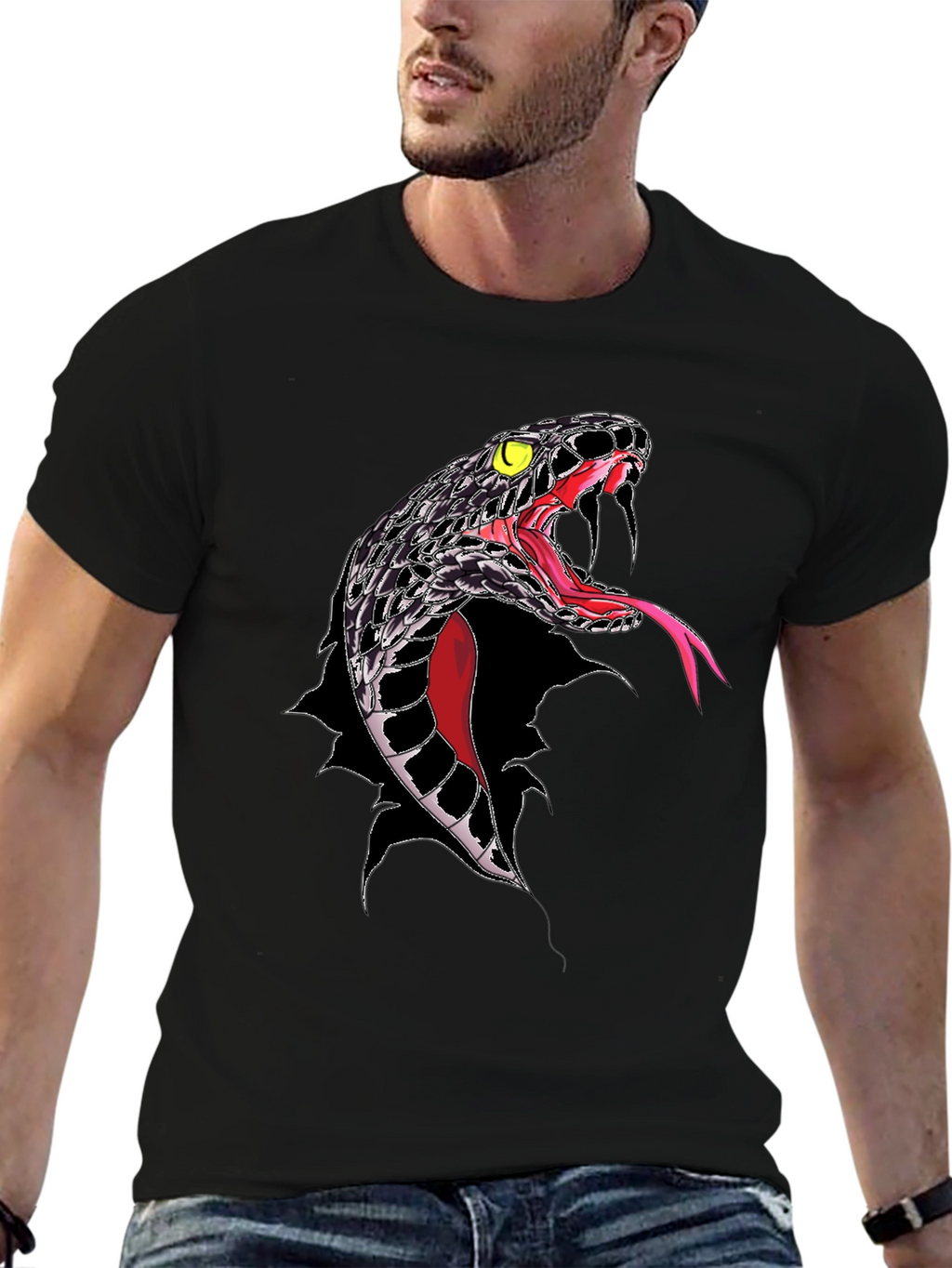 Mens Black Snake Graphic T-Shirt - Bold Reptile Design