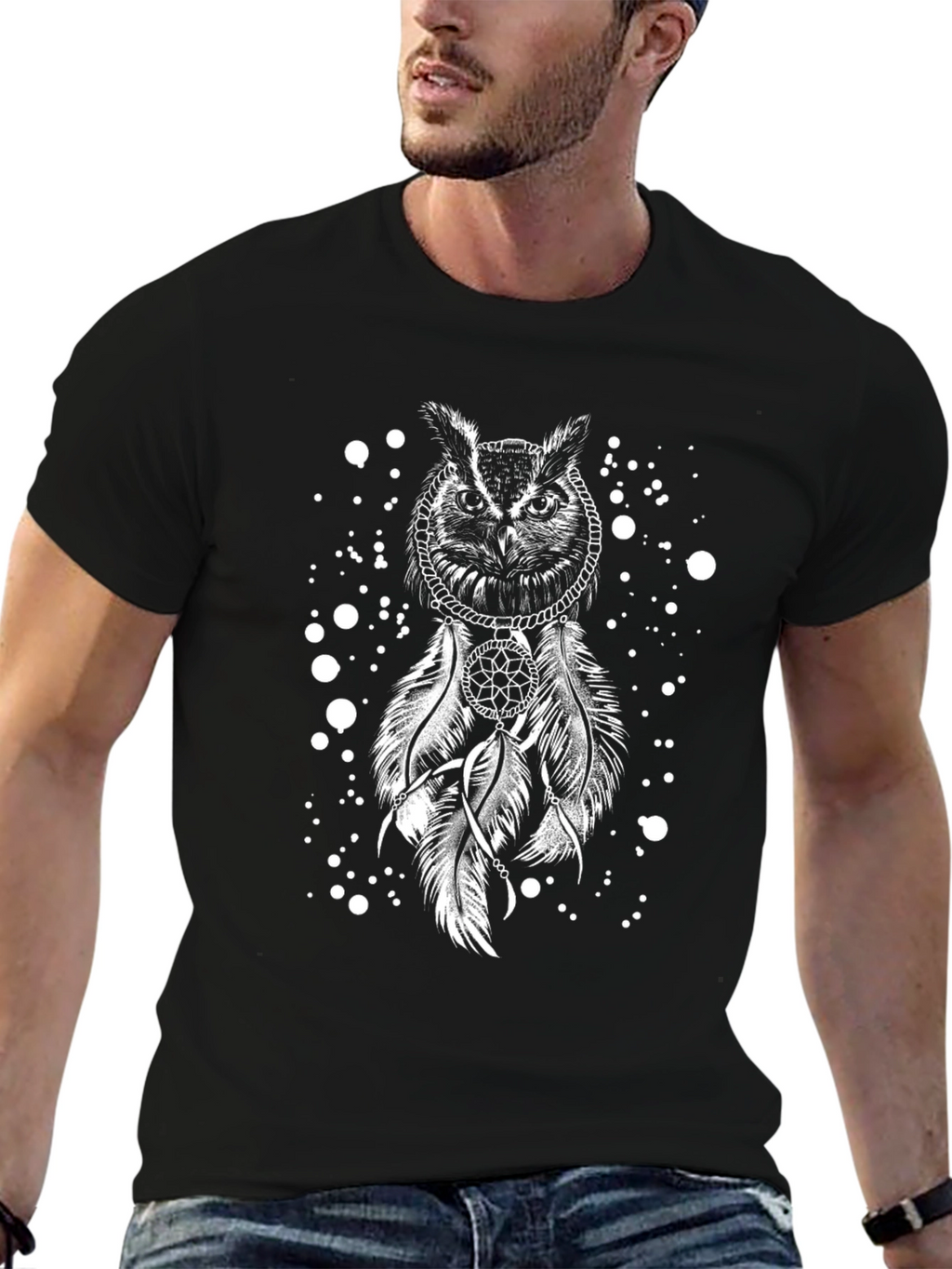 Owl Dreamcatcher Graphic Tee - Black Cotton T-Shirt