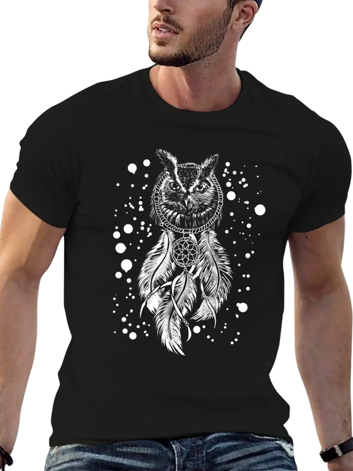 Owl Dreamcatcher Graphic Tee - Black Cotton T-Shirt