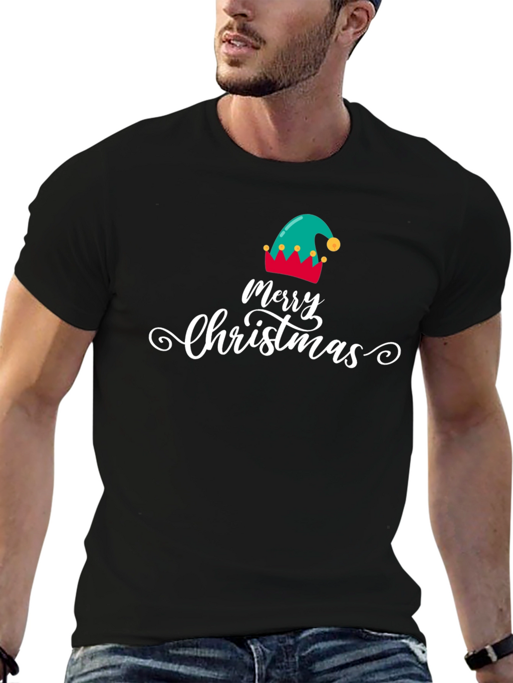 Merry Christmas Elf Hat Graphic T-Shirt