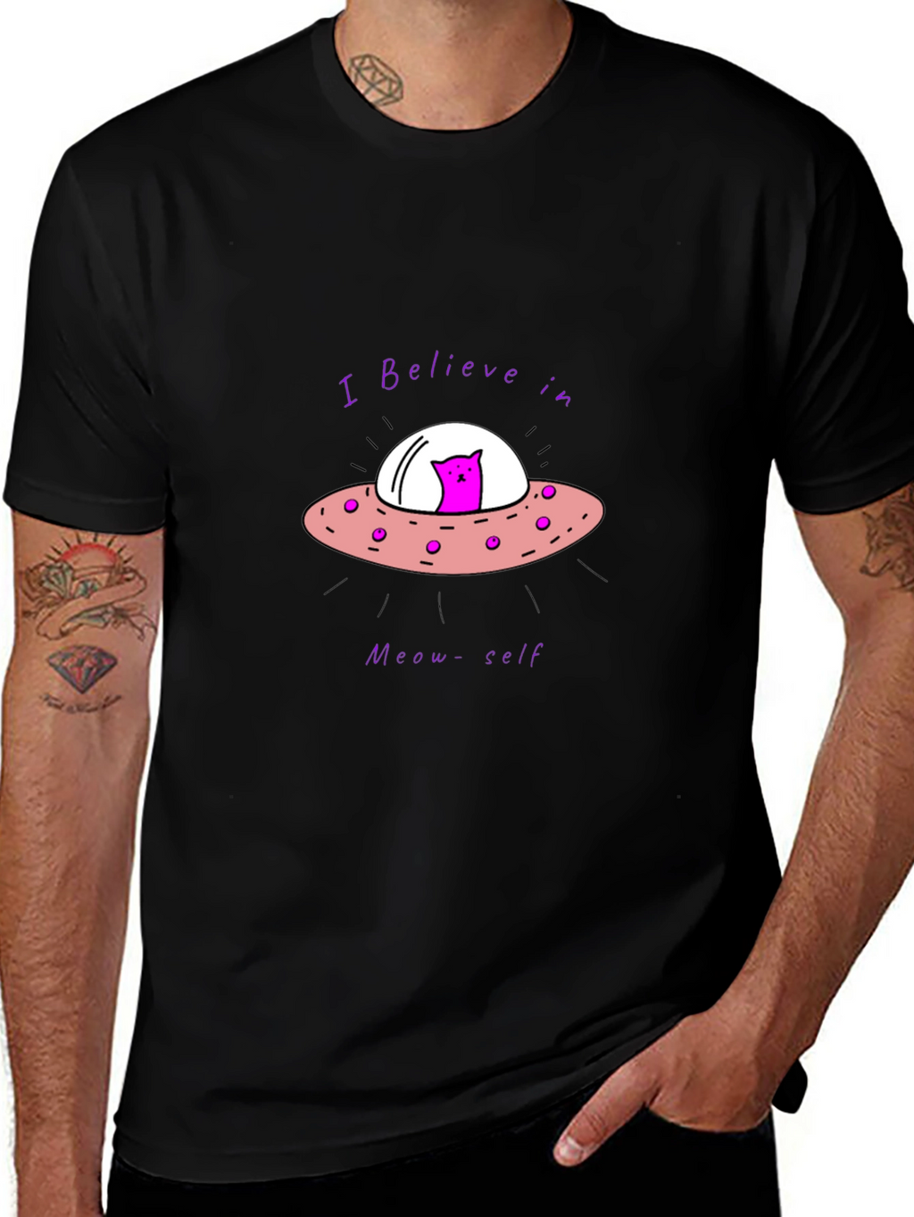 Believe in Meow-self Black T-Shirt - Cat Alien UFO