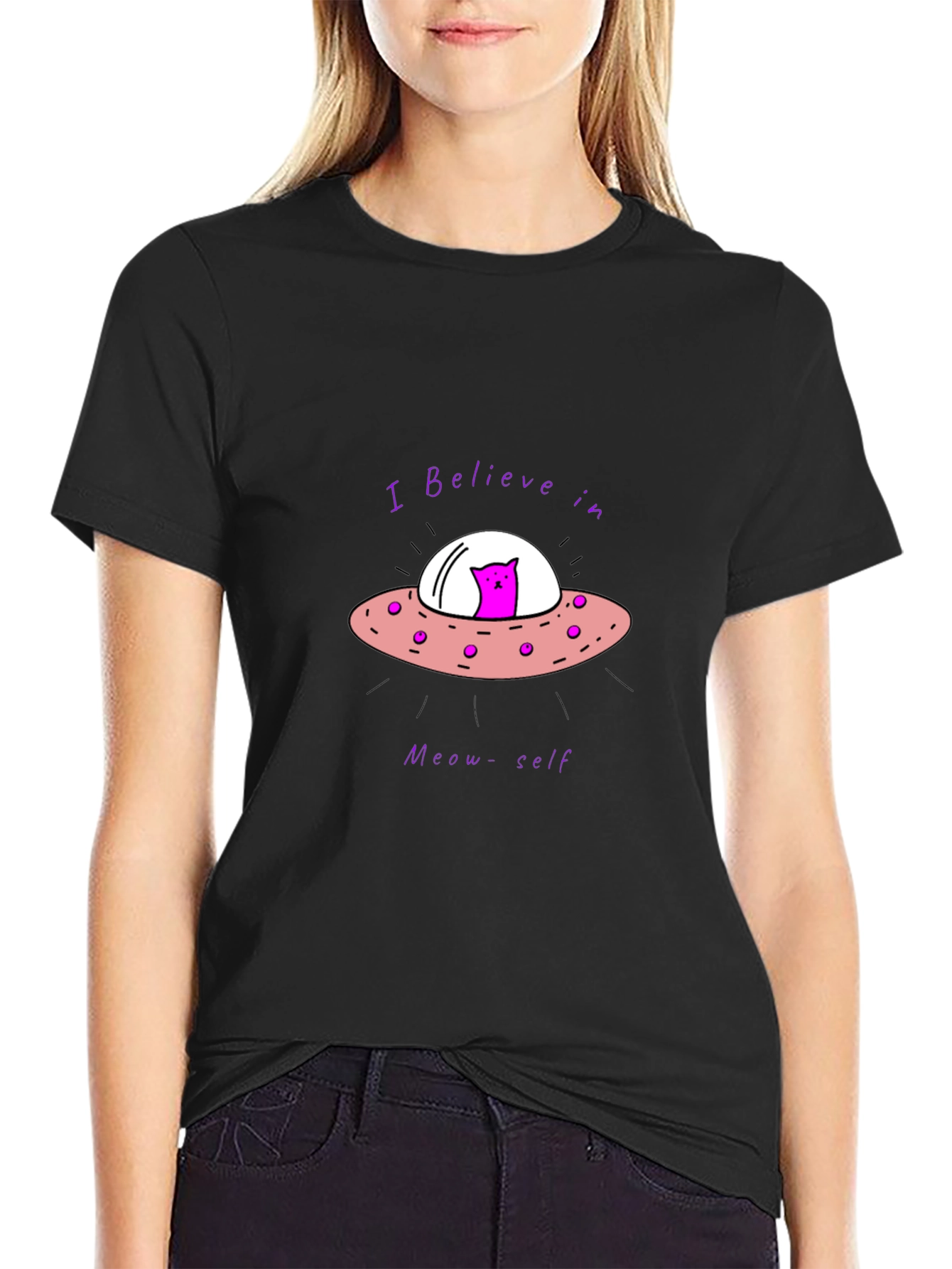 Believe in Meow-self Black T-Shirt - Cat Alien UFO