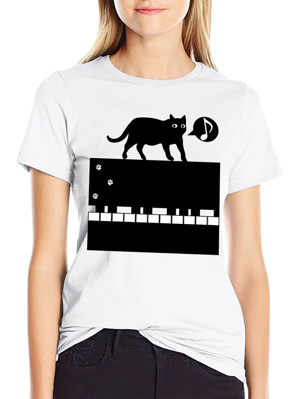Cat on Piano Keys Graphic Tee - Black