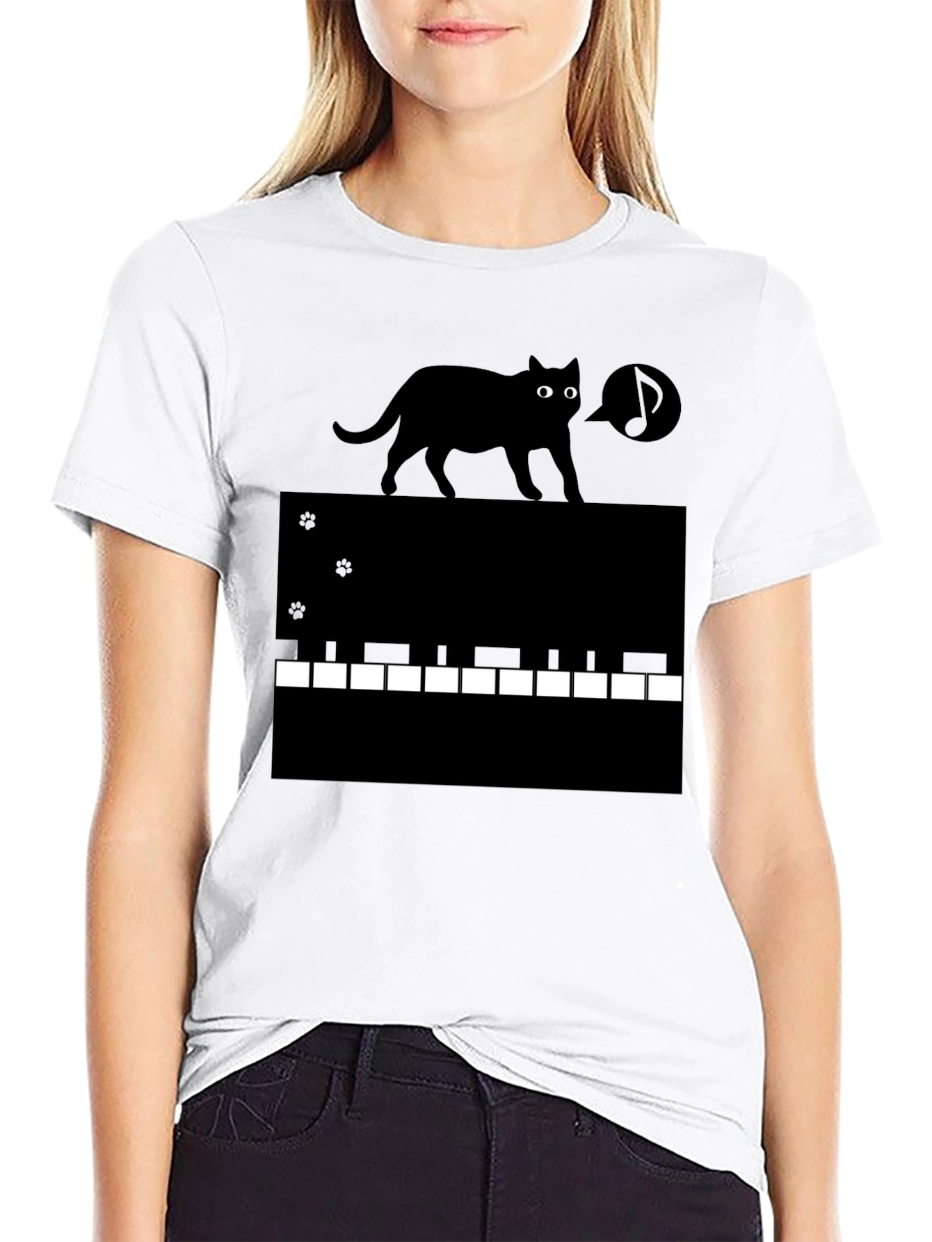 Cat on Piano Keys Graphic Tee - Black