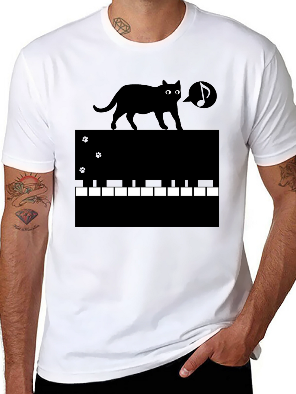 Cat on Piano Keys Graphic Tee - Black
