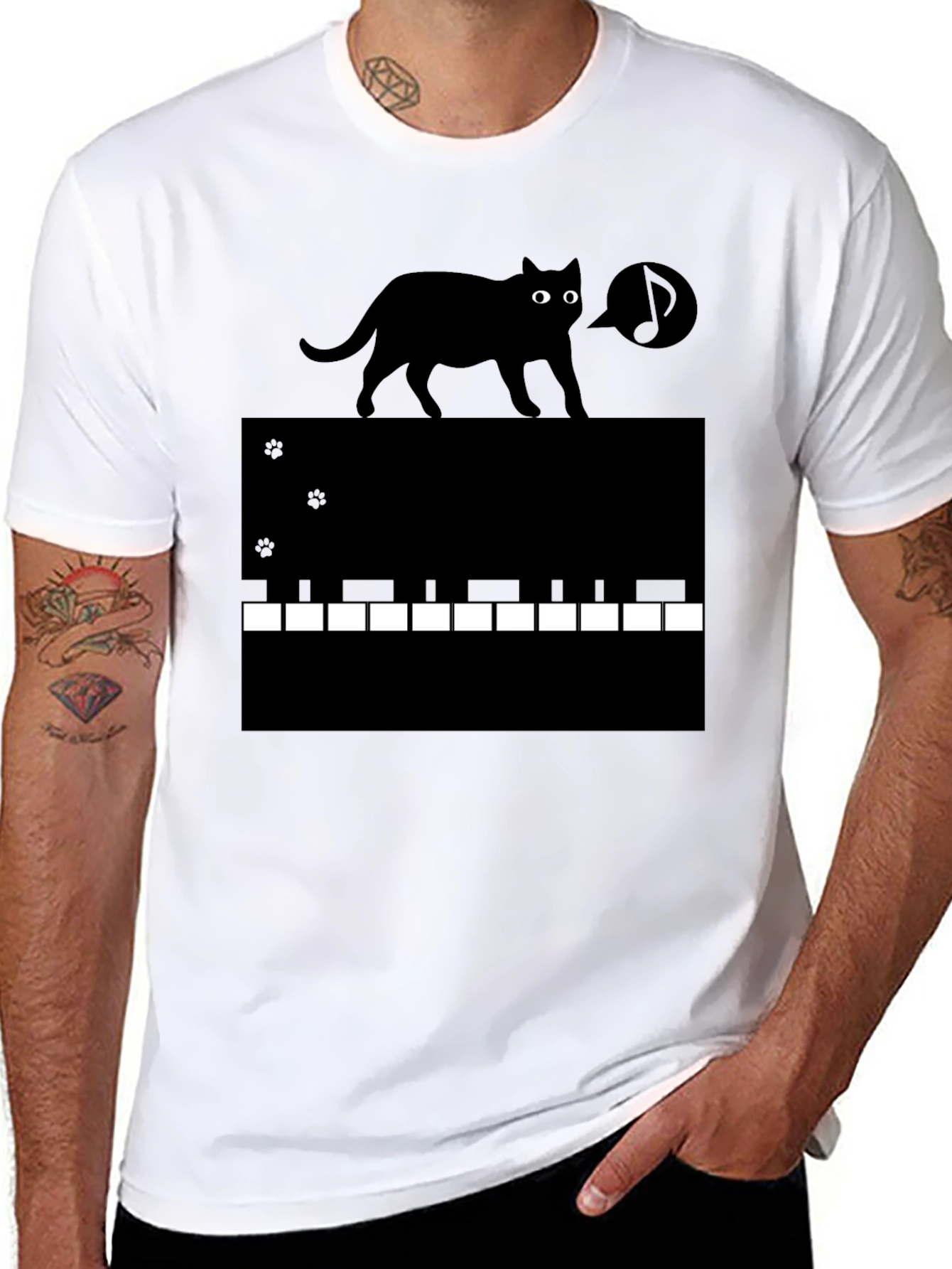 Cat on Piano Keys Graphic Tee - Black