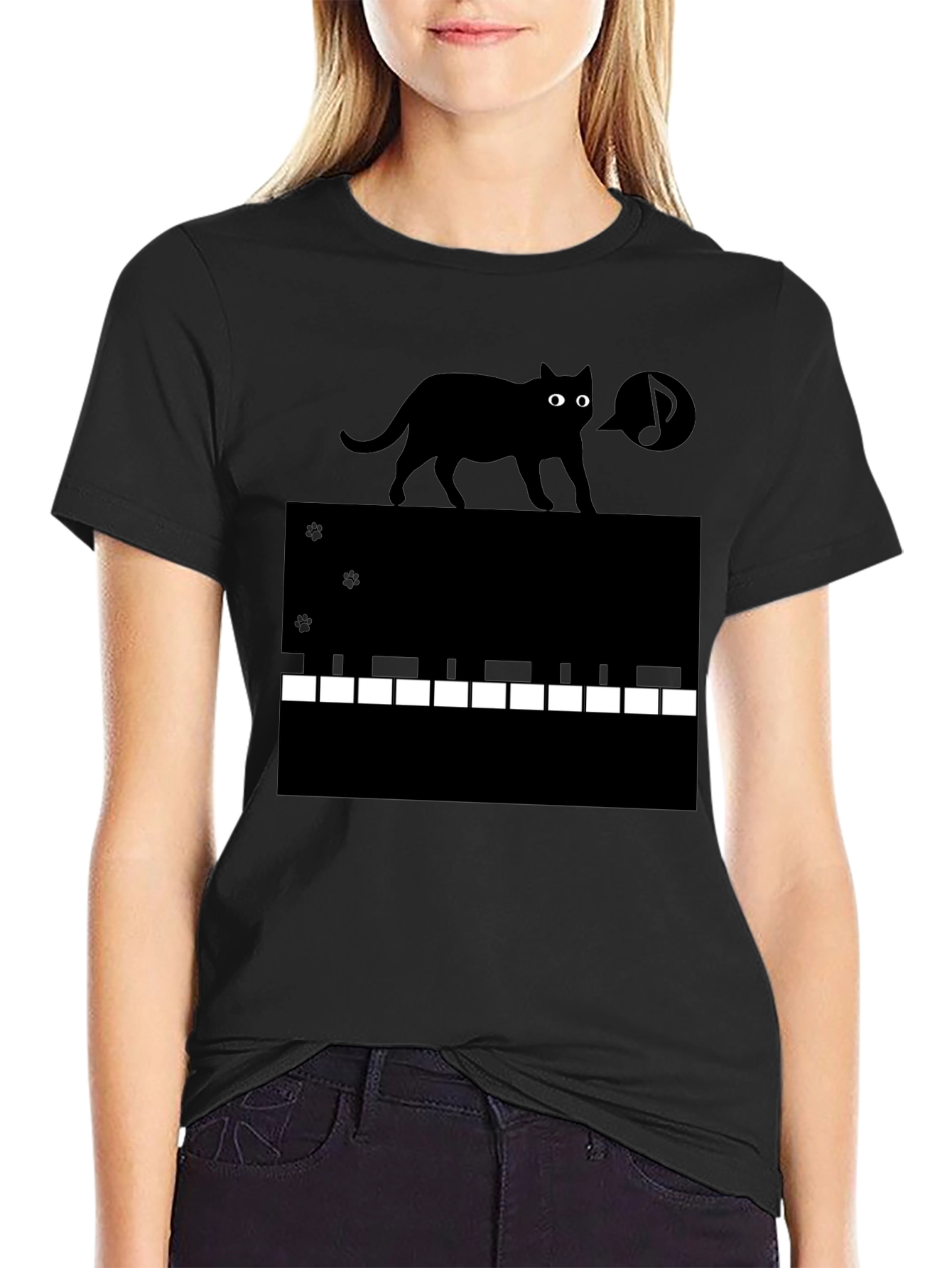 Cat on Piano Keys Graphic Tee - Black