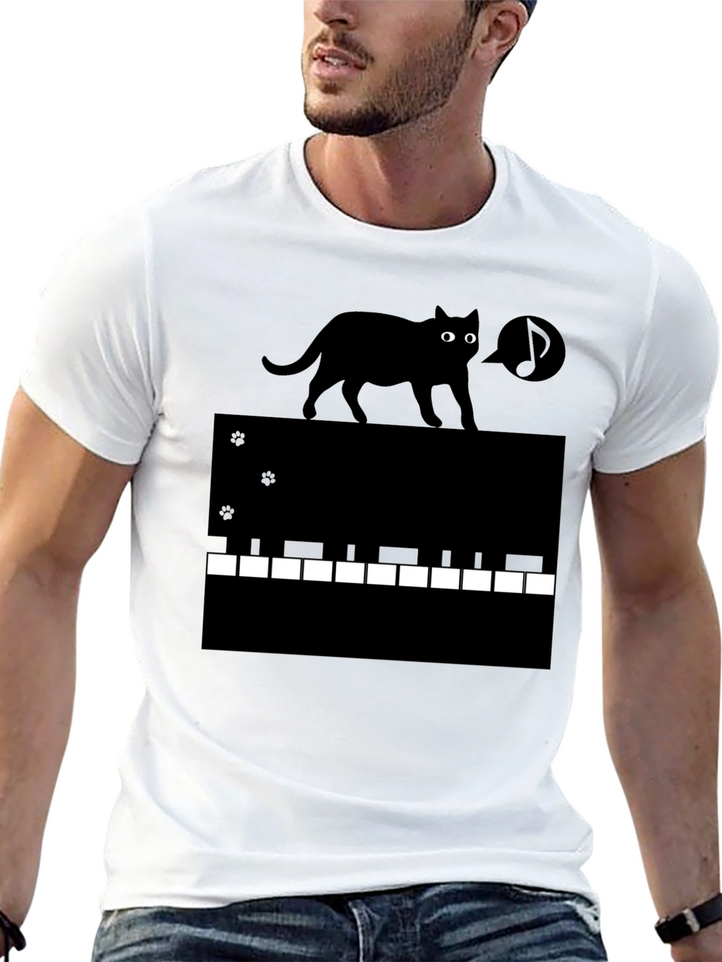 Cat on Piano Keys Graphic Tee - Black