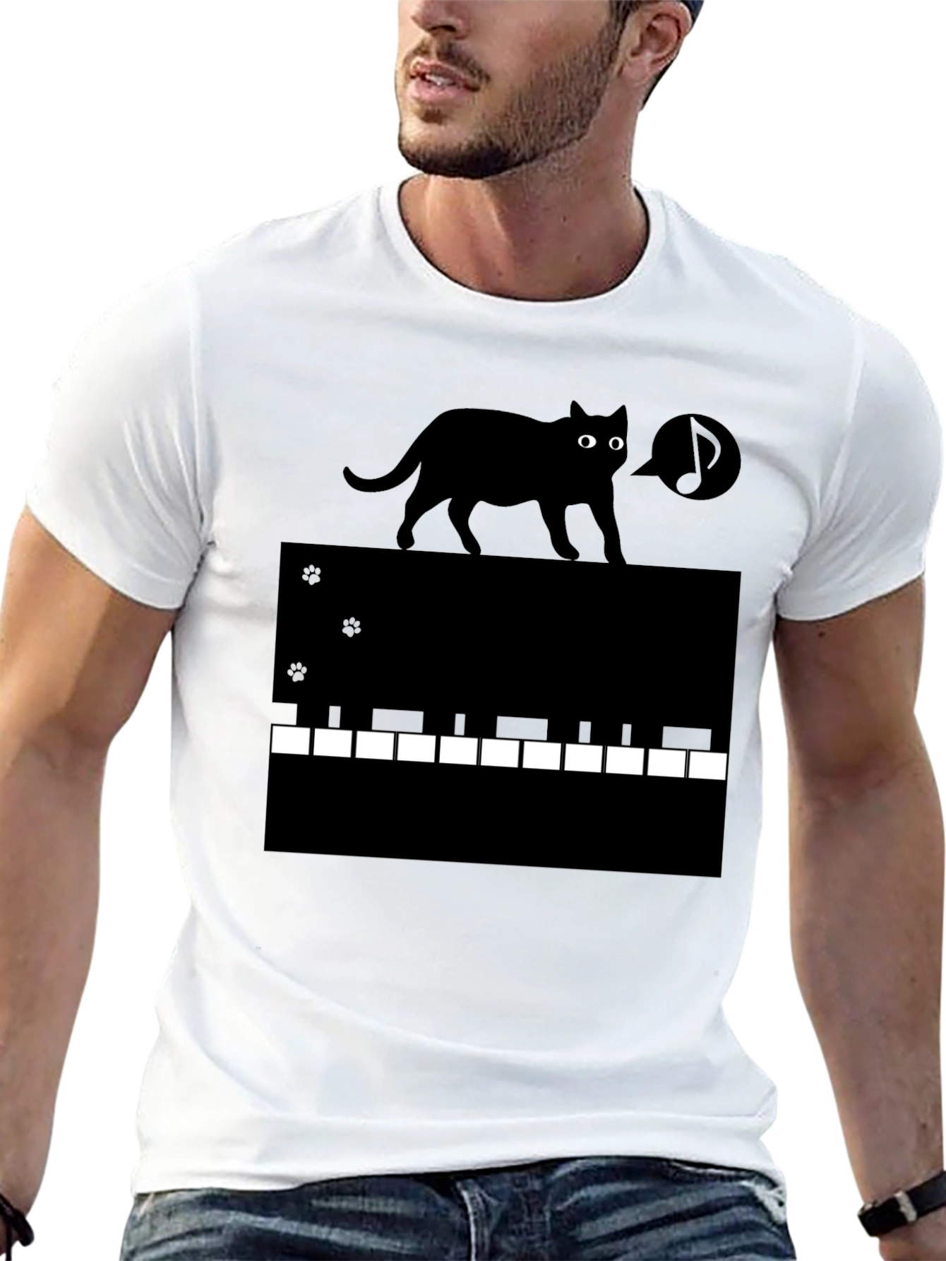 Cat on Piano Keys Graphic Tee - Black