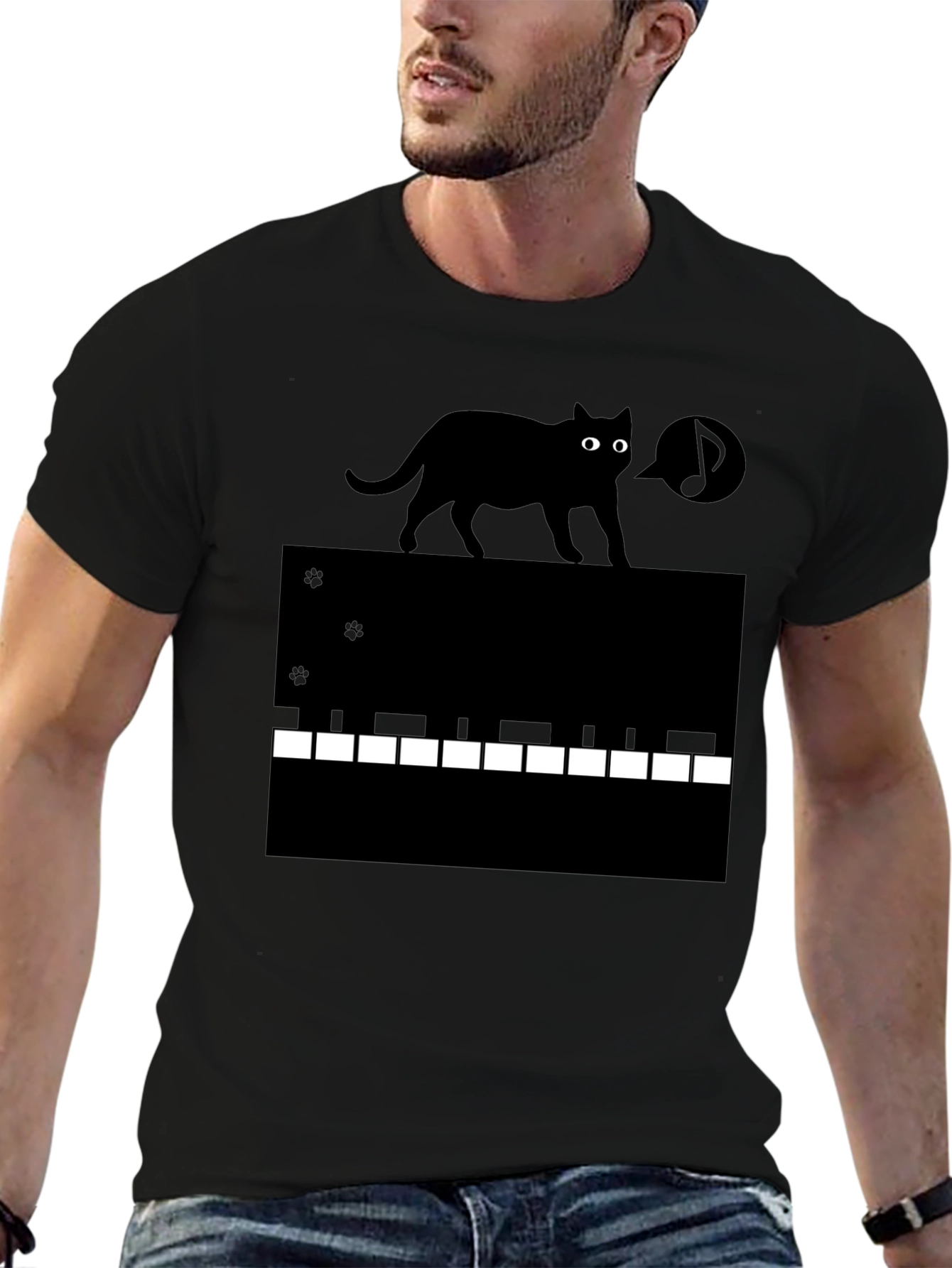 Cat on Piano Keys Graphic Tee - Black