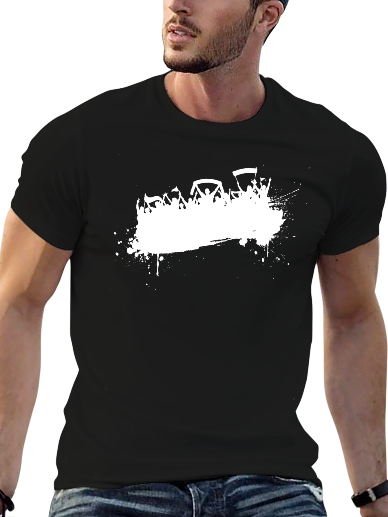 Mens Black Graphic Tee - White Crowd Print